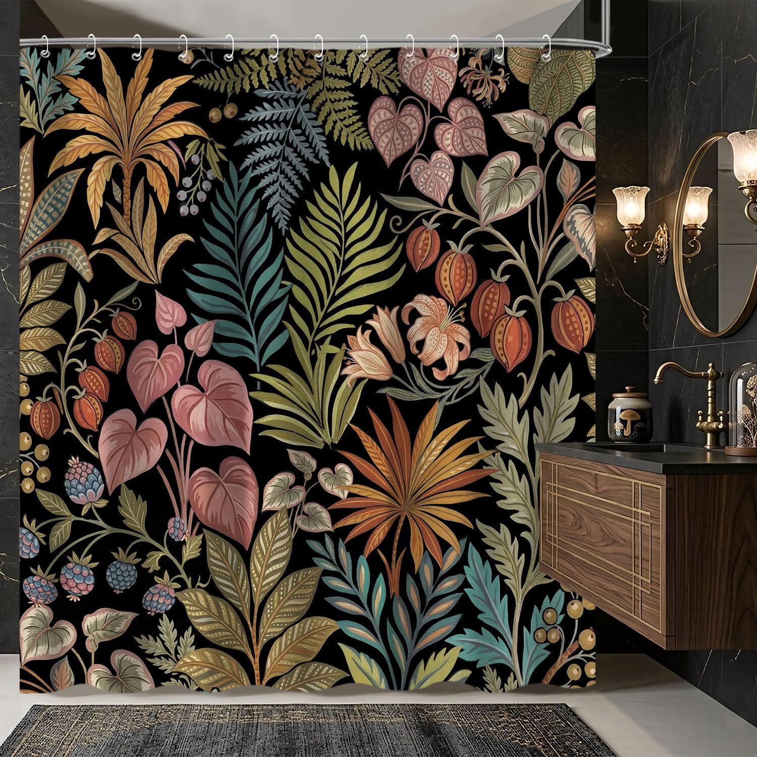 Vintage Floral Shower Curtain, Boho Black Green Flower Botanical Bath Decor