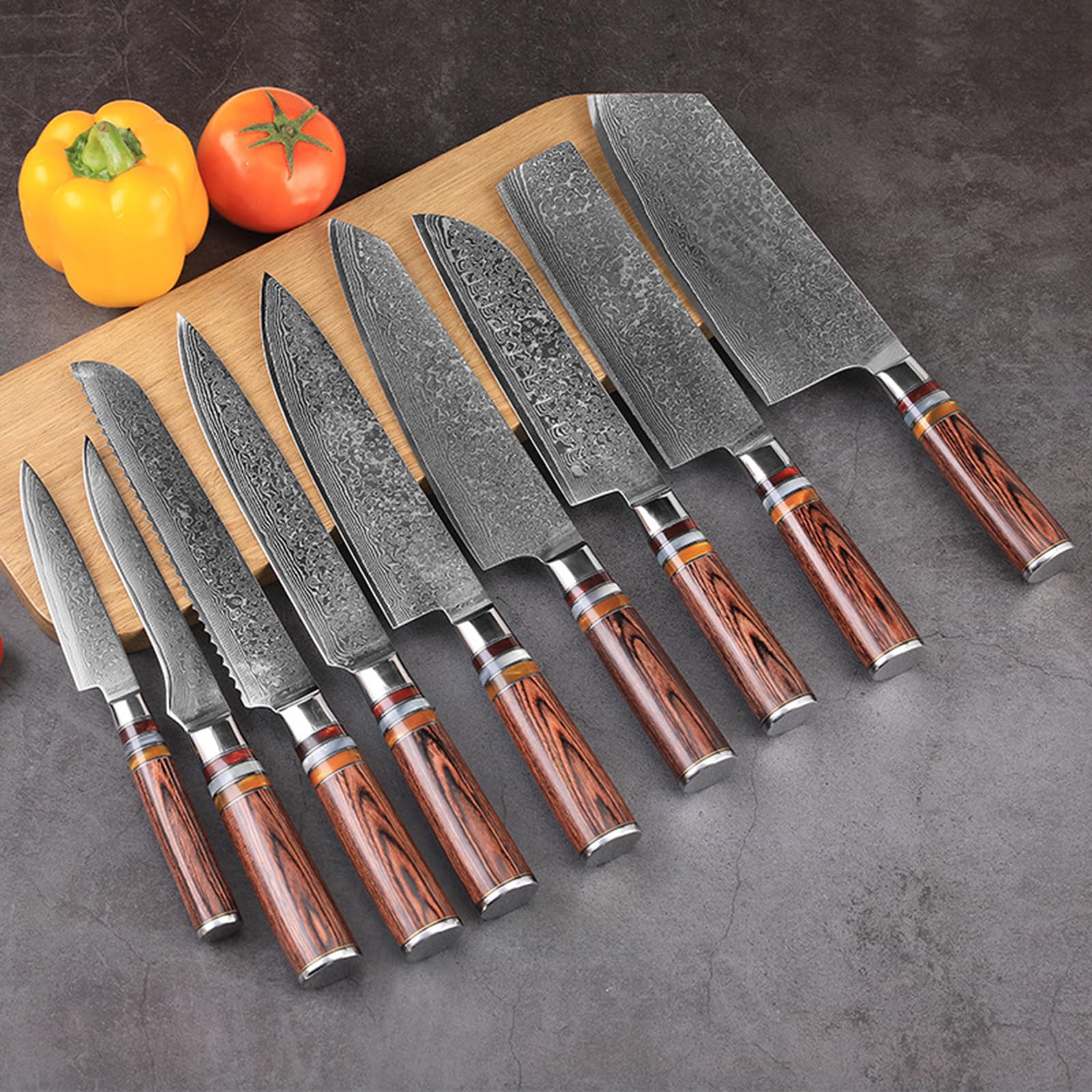 Kitchen Utensils Set 9 Piece Knife Set Sharp Non-Serrated Edge with Olive Wood Handles - Ideal for Table
