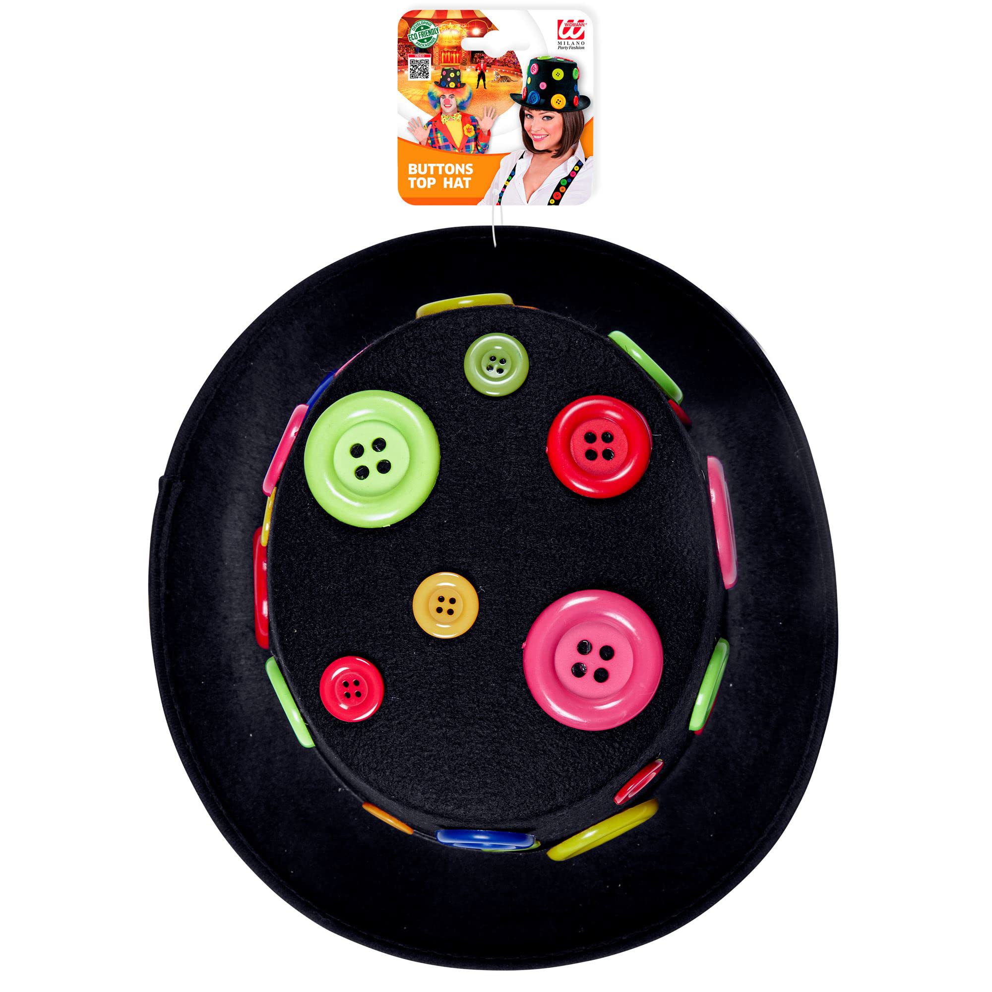 Chapeau Clown Cylindre Noir En Feutre Avec Boutons Colorés – Parfait Pour Carnaval, Cirque Et Fêtes Déguisées Widmann