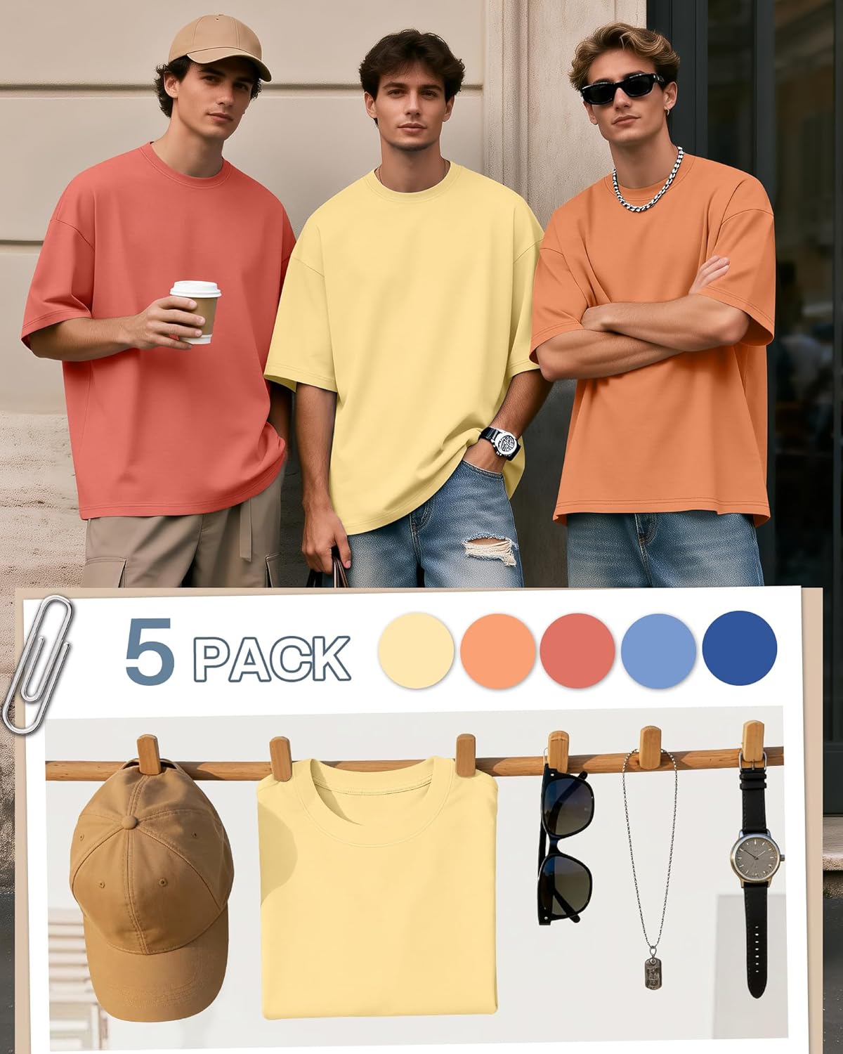 Neer 5 Pack Men's Oversized T-Shirts Loose Fit Gym Short Sleeves Drop Shoulder Tops Fashion Streetwear Workout Baggy Tees - Image 2