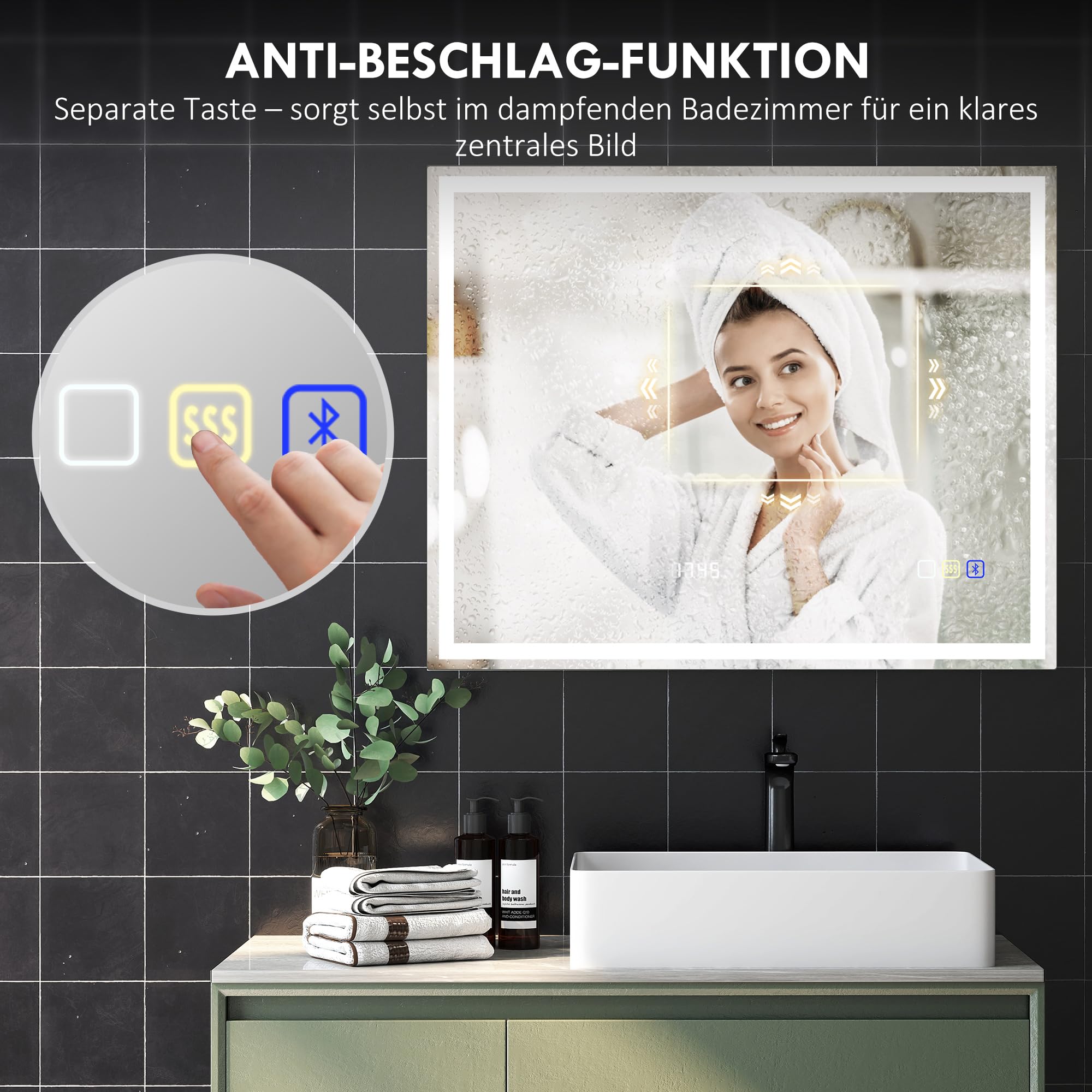 HOMCOM Badspiegel mit Beleuchtung 100x80 cm LED Spiegel Uhr Silber