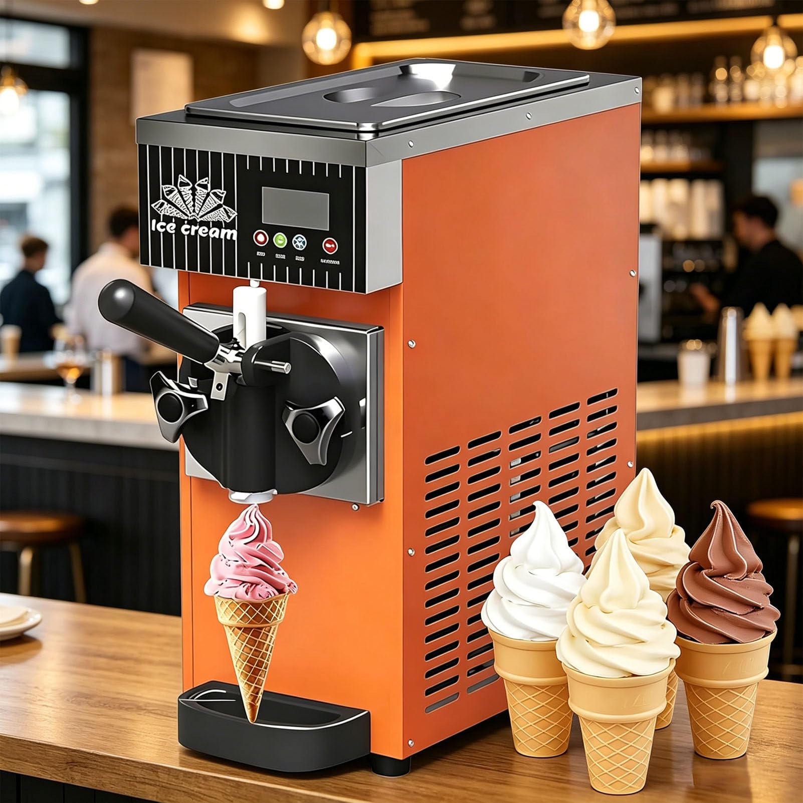 PioMue 4–5 Kg/H Single Flavor Commercial Soft Ice Cream Machine, 450W Soft Serve Ice Cream Maker, Auto Clean, for Home Snack Bar,Cafés and Milk Tea Shops OrangeYellow