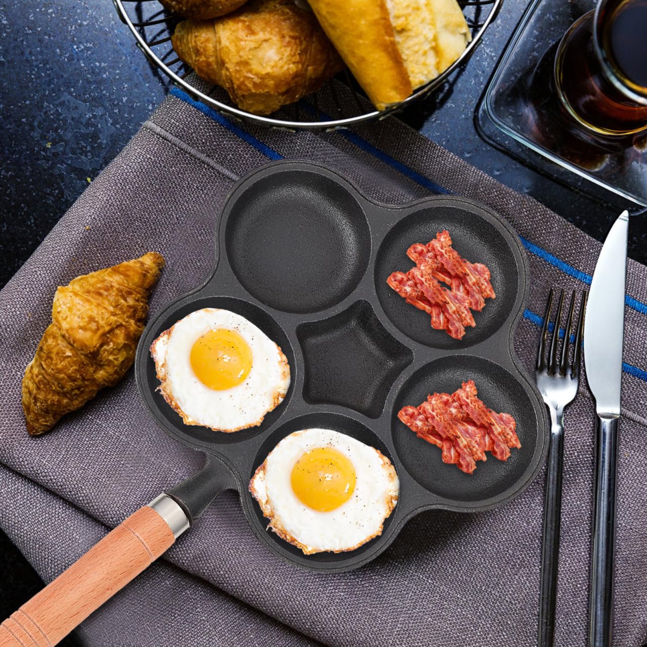 Gusseisen Eierpfanne mit 5 Löchern 5 Fach Spiegelei Pfanne mit Holzgriff Anti Heiß Griff Hamburger Form für Herd Induktion Küchenbratpfanne für Schnelles Kochen
