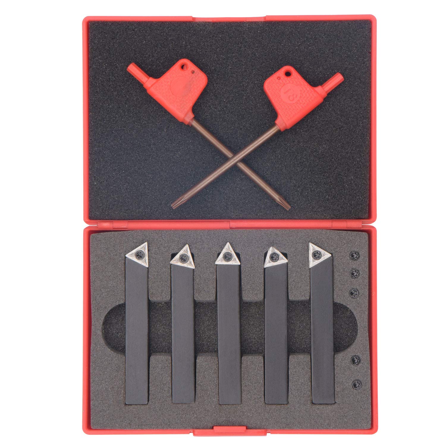 JWGJW3/8 inch Indexable Machine Turning Holder, 5 Pieces Indexable Carbide Lathe Tool Insert Bits Set for Turning Cutting Facing Boring and Chamfering