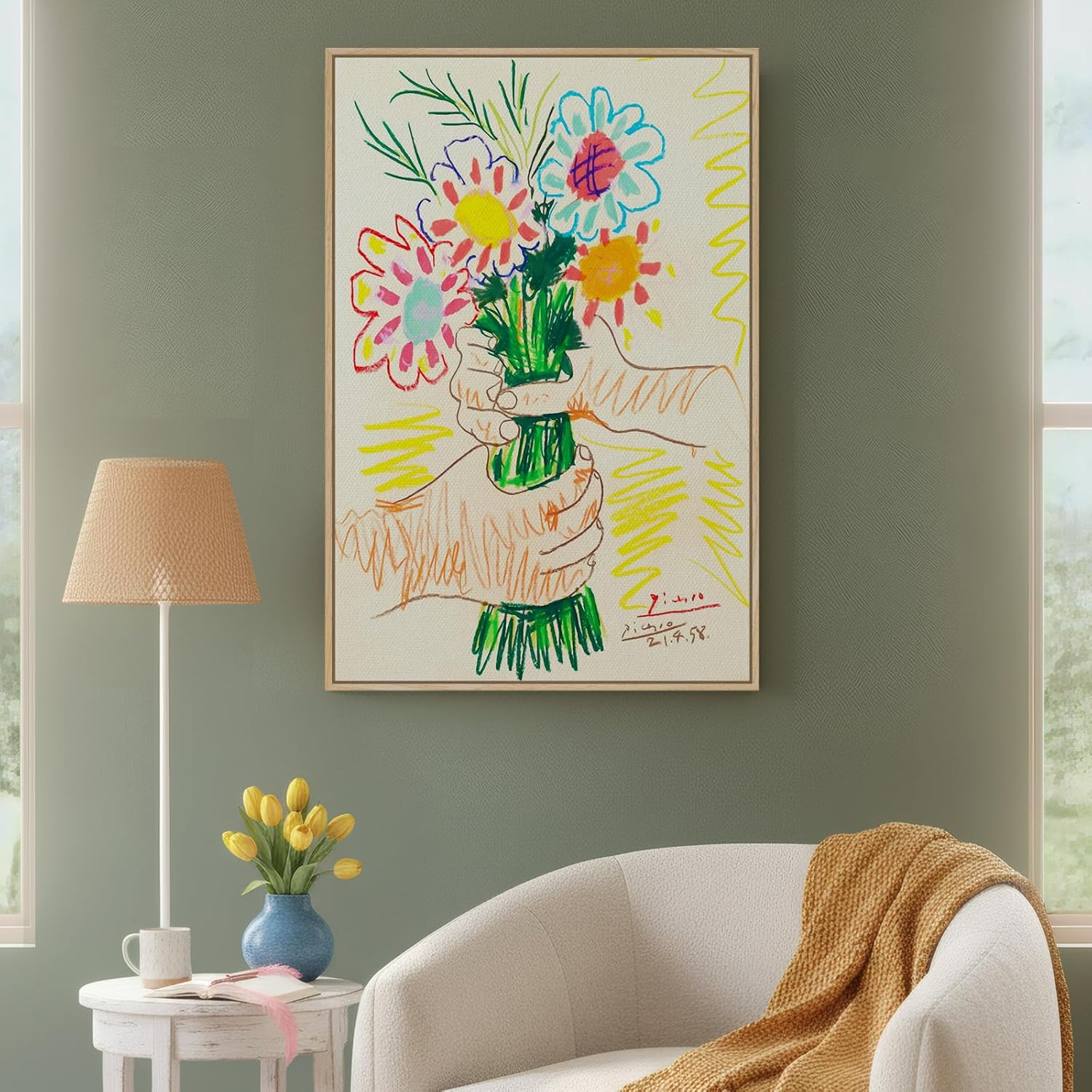 Framed Abstract Canvas Picasso-Inspired Wall Art, Vertical Farmhouse Neutral Flower Artwork for Walls, Floral Prints Paintings for Bedroom Kitchen Office Wall Decor 16×24 Inch 24"L x 16"W white and green