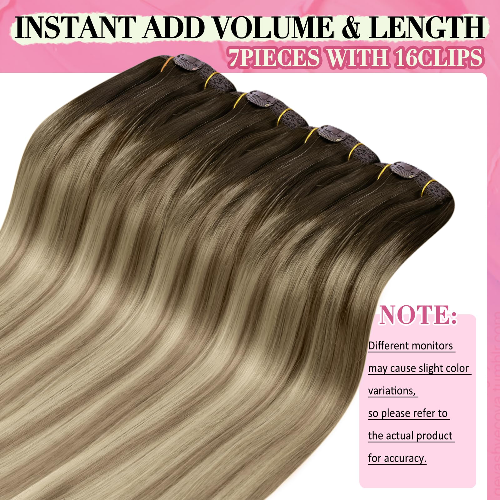 YoungSee Clip in Human Hair Extensions Ombre 18inch 120g Remy Human Hair Clip in Extensions Dark Brown Ombre Light Brown with Blonde Clip in Hair Extensions for Beginner Invisible 7 Separate Pieces - Image 4