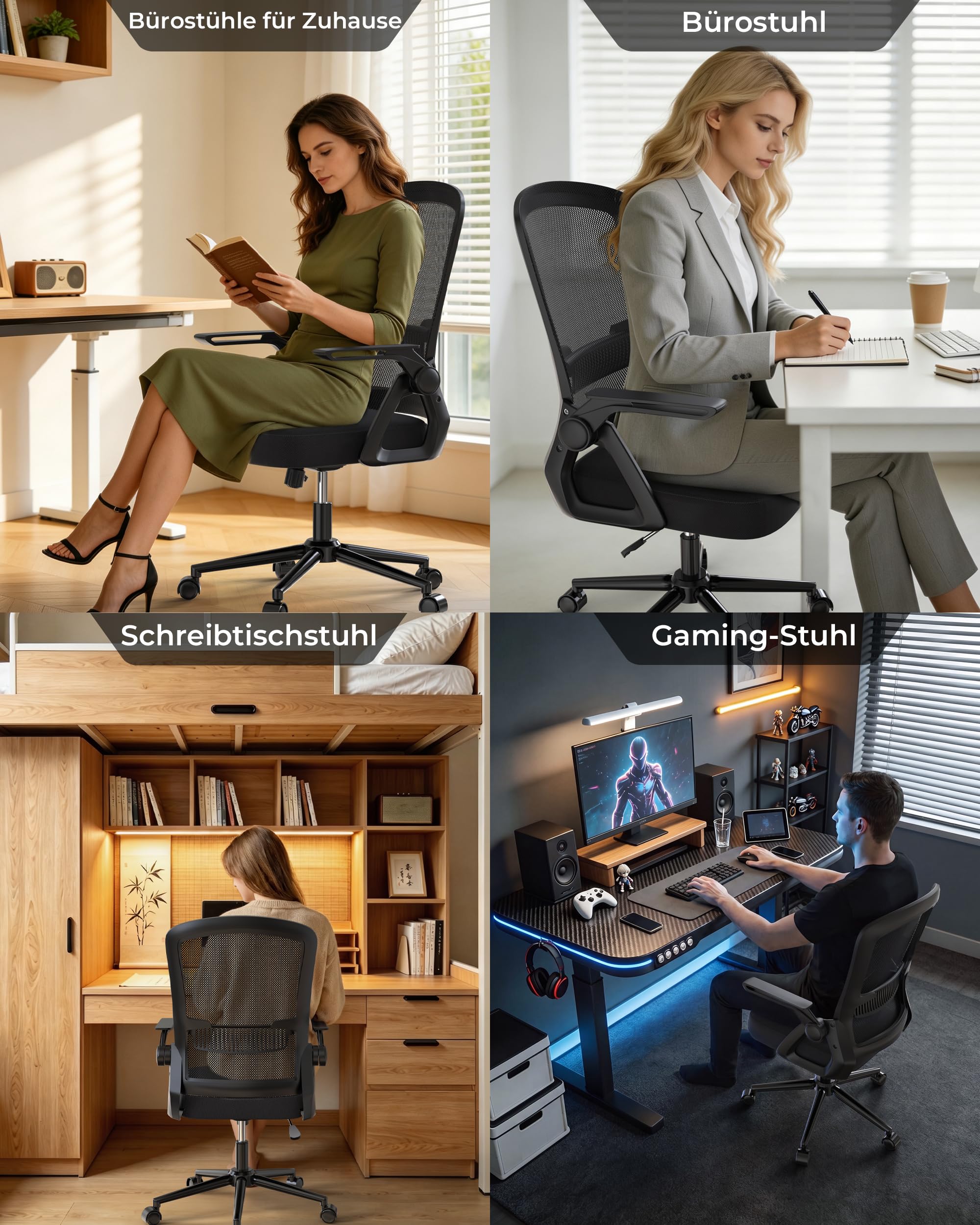 rattantree Schreibtischstuhl Ergonomischer Schwarz für Zuhause Büro | Bürostuhl mit Verstellbaren Armlehnen, Drehstuhl mit Netzbespannung, Lordosenstütze, Höhenverstellbarer, Wippfunktion