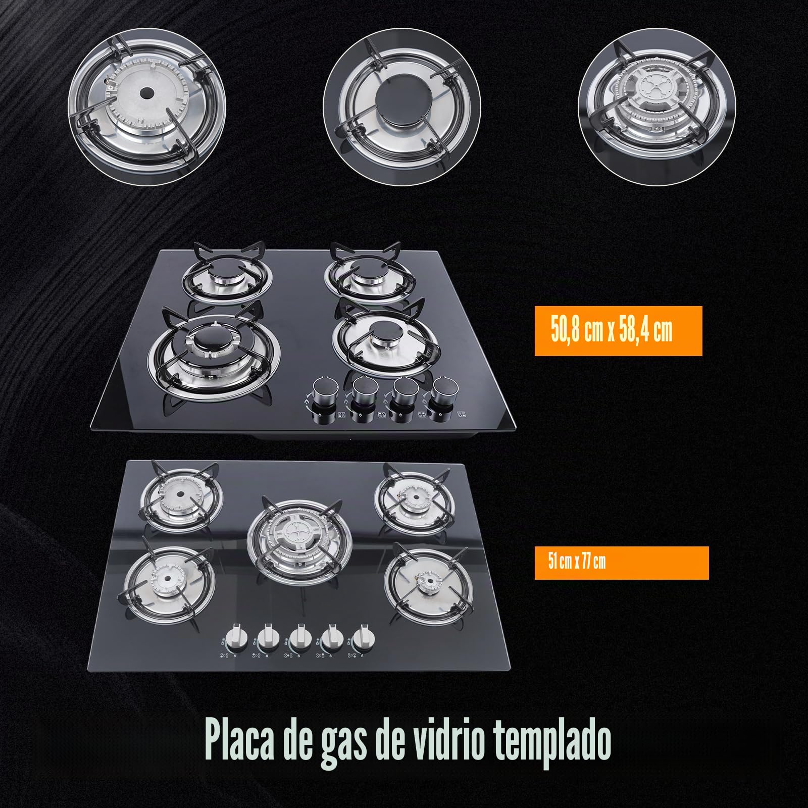 Estufa de Gas, 5 fuegos, Vidrio Templado, Gas Natural o Propano, Uso Doméstico o Comercial