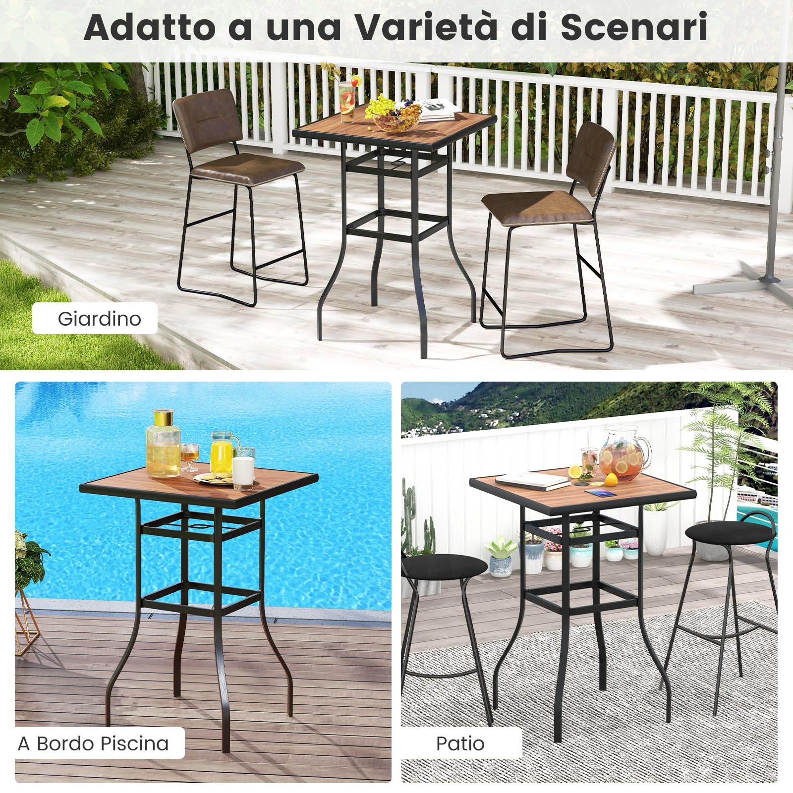 COSTWAY Tavolino da Giardino Quadrato in Finta Legno con Telaio Metallico