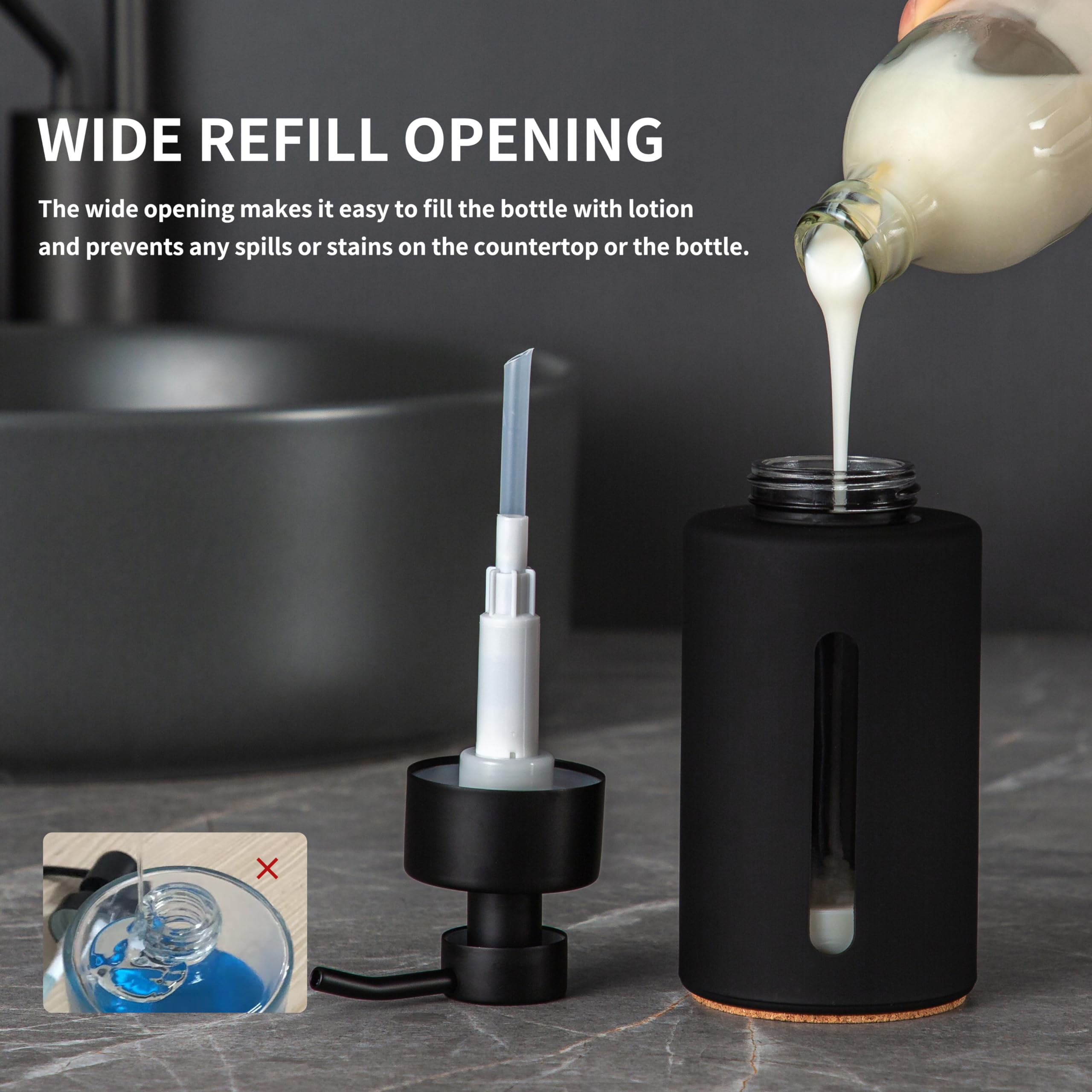 Enra Dispenser di sapone in vetro con pompa in acciaio inossidabile opaco, dispenser di sapone liquido e manuale da 350 ml, con rivestimento in gomma, per bagno e cucina (nero)