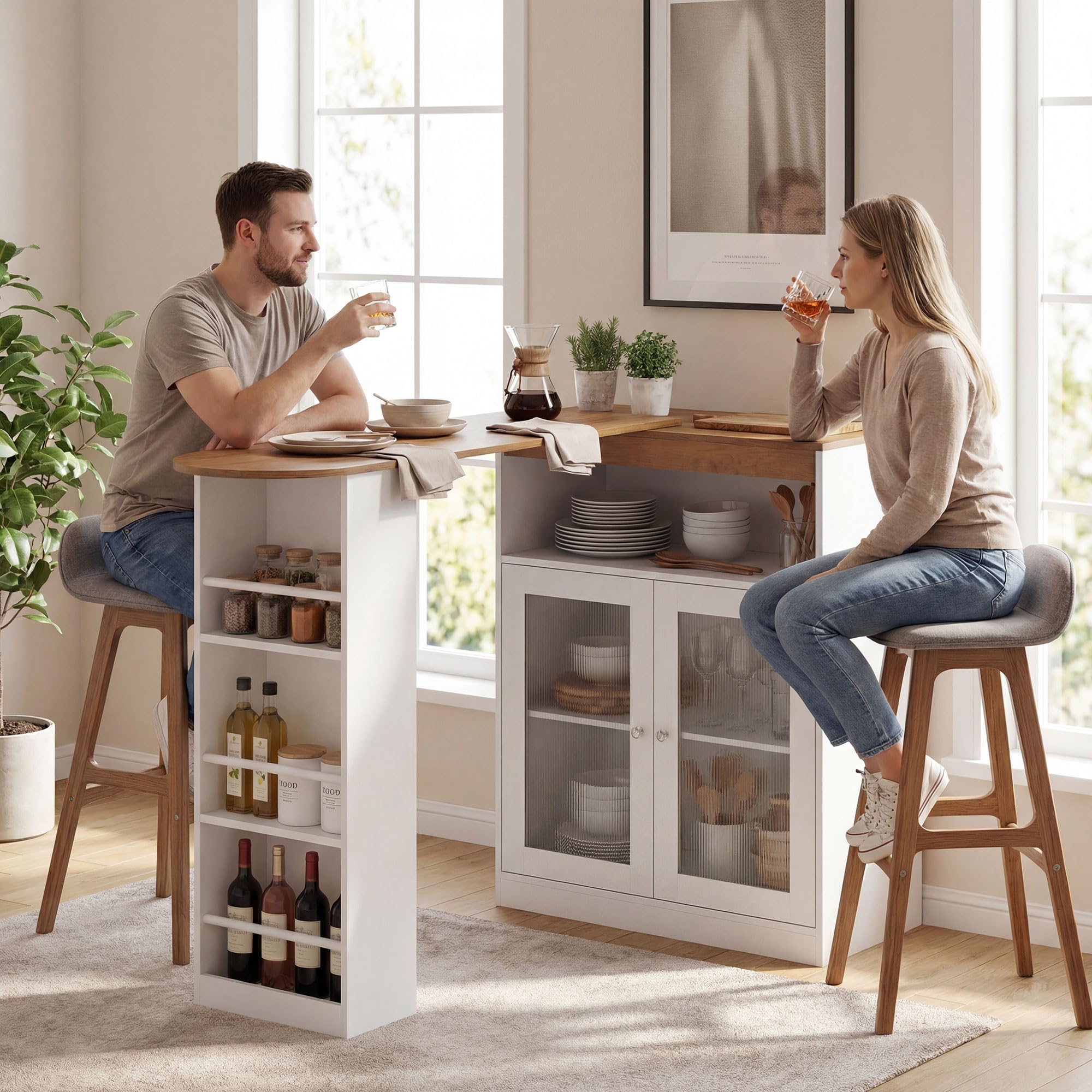 HOMCOM Mesa de Bar Extensible y Giratoria 90°, Mesa Alta Cocina con Estantes Abiertos y 2 Puertas de Vidrio para Comedor, 150x80x105,5 cm, Blanco y Natural