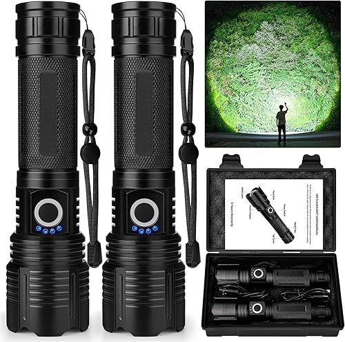 Paquete de 2 linternas recargables de 99,000 lúmenes altos, linternas recargables superbrillantes para el hogar, luz LED de larga duración de 15