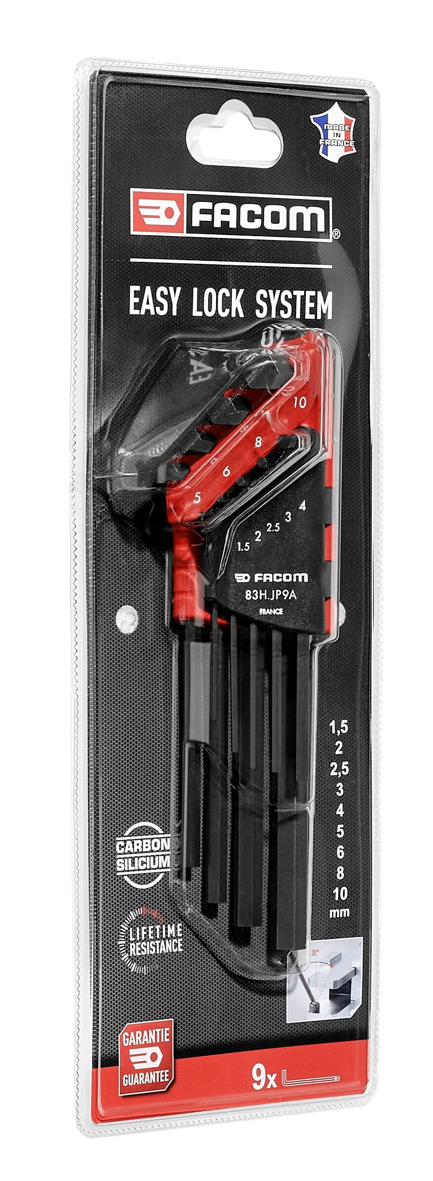 FACOM 9-tlg. Stiftschlüssel-Satz 83H.JP9APB (gebogen, Innensechskant, lang, aus widerstandsfähigem Siliciumstahl, perfekter Schraubenkontakt, inkl. hochwertigem Halter mit Easy Lock System)