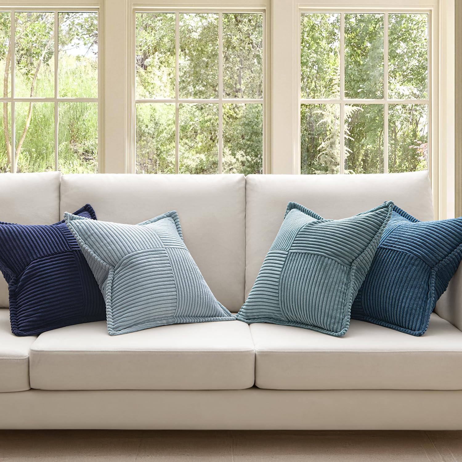 MIULEE Funda de Cojines para Sofá 50x50 cm Funda de Almohada de Corduroy Súper Suave Cojin de Pana a Rayas Decoración Moderna para Sofá Silla Cama Sala de Estar Dormitorio 4 Piezas Serie Azul