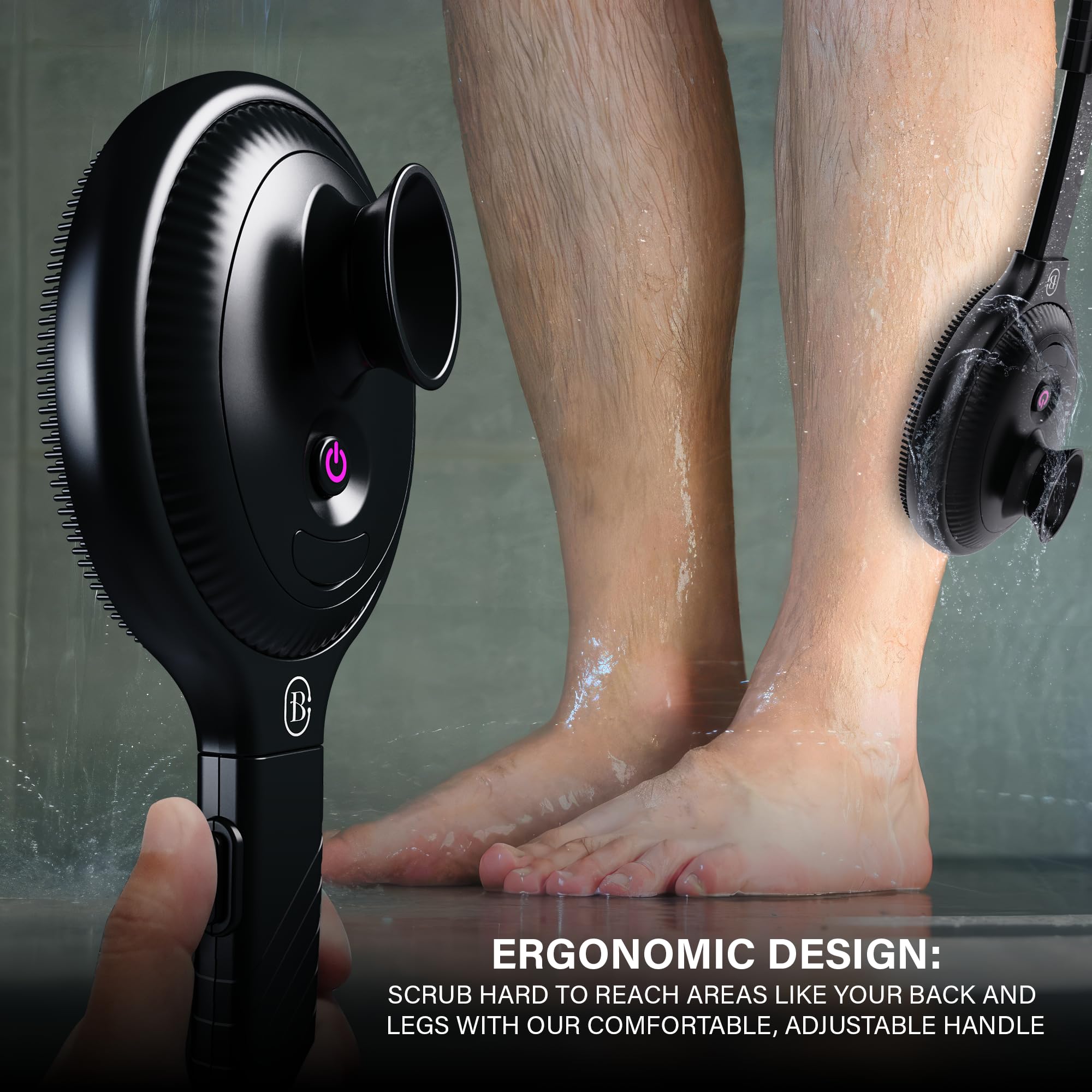 Bella Ciao Limpiador vibratorio de ducha corporal y facial para hombres, 4 modos de vibración, mango extensible, cabezal desmontable, cepillo de masaje de silicona, carga USB-C, IPX7 impermeable