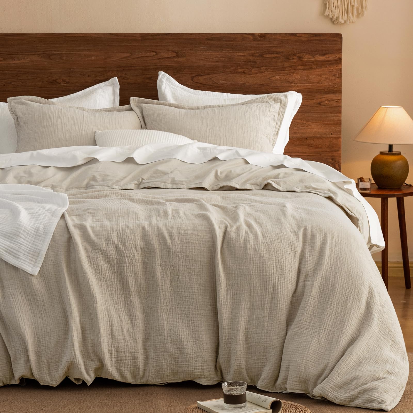 phf 100% cotton muslin duvet cover queen size, 3-layer guaze ultra soft breathable textured linen like, 3pcs bedding comforter cover set for all season, duvet set with 2 pillow shams, 90"x90", natural