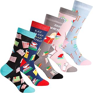 Vicenpal 5 Pairs Women's Reading Book Socks Novelty Crew Cute Funny Nerd Socks Gift for Teachers, Students, Book Lovers, Math, Science