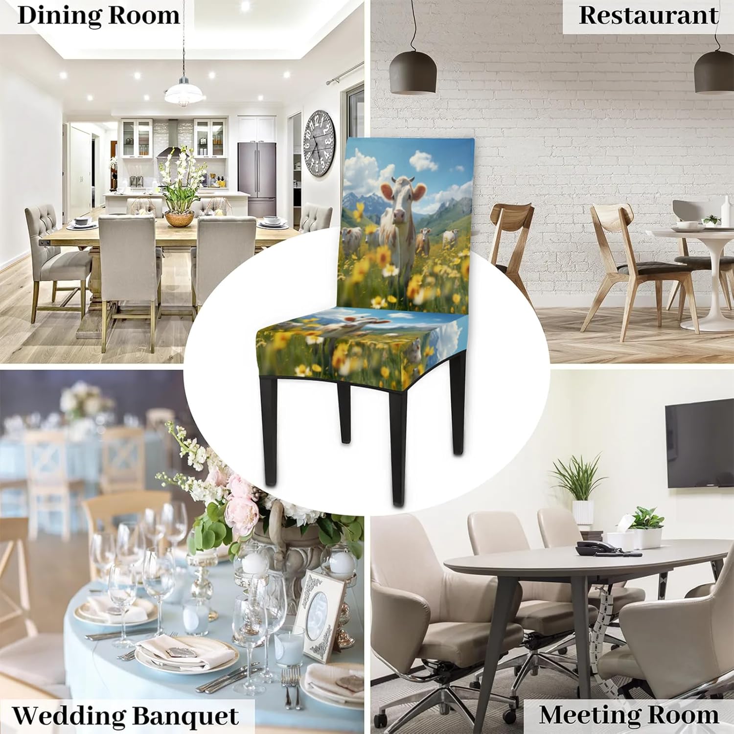 QsirBC Flower Field Cows Stretch Dining Room Chair Covers Set of 6 Chair Slipcovers Removable Washable Kitchen Seat Covers Chair Protectors for Hotel Party Wedding