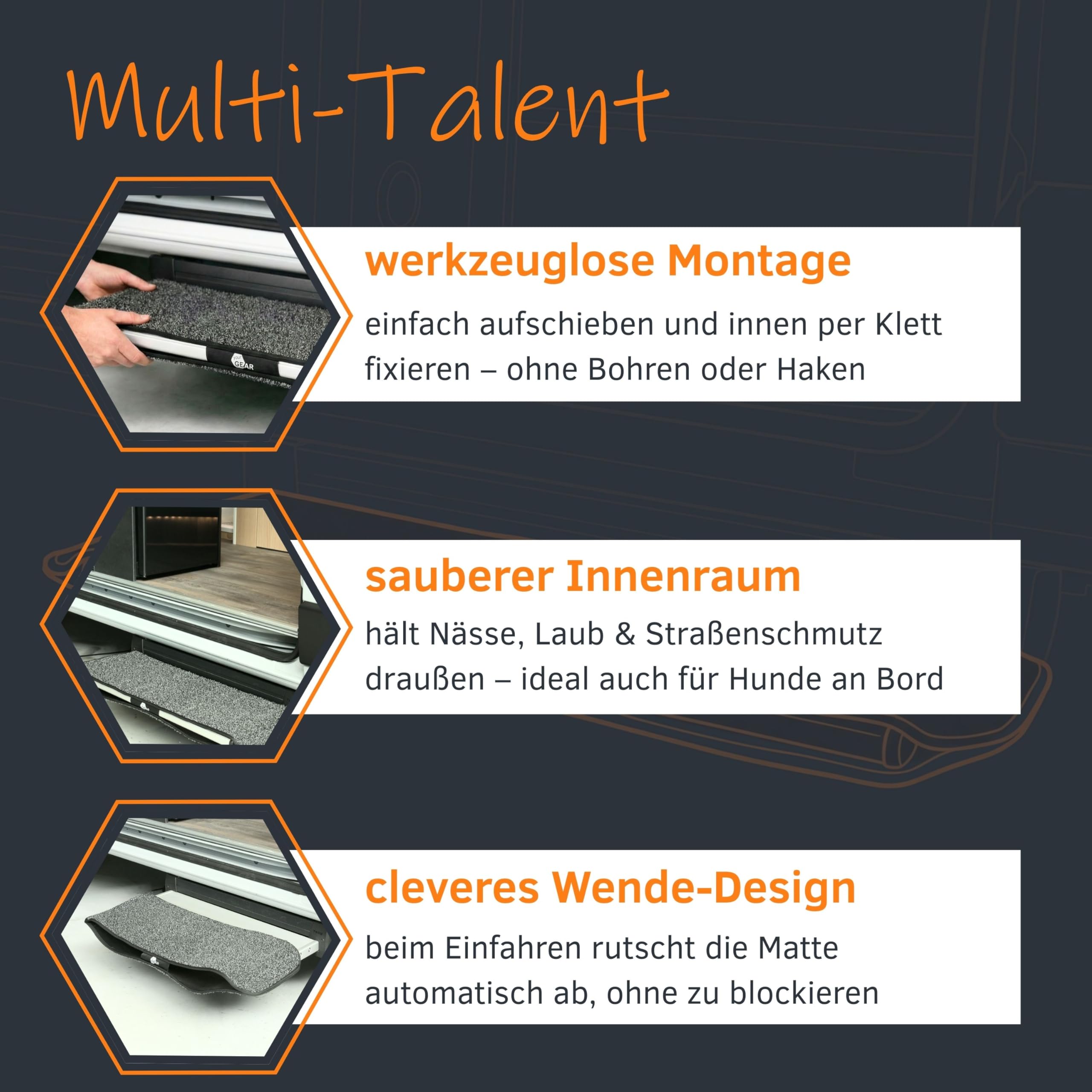 your GEAR Mantua Trittstufenmatte für Wohnmobil & Wohnwagen – Fußmatte für elektrische Stufe 70,5 x 26 cm – Schutzmatte Caravan Stufen-Teppich – rutschfest & Waschbar – Ohne Bohren