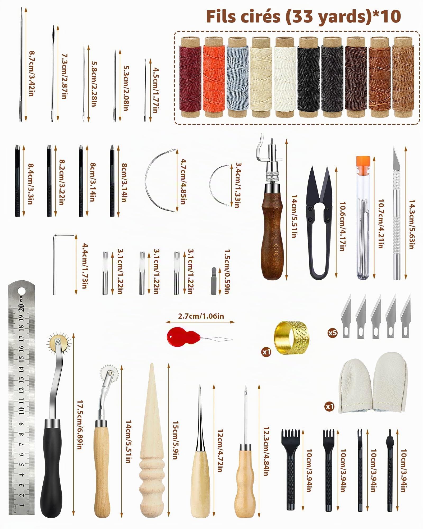 PLANTIONAL Outils de travail du cuir pour débutants : kit professionnel de travail du cuir avec fil ciré, poinçon, poinçon pour maroquinerie, cadeaux adultes 02