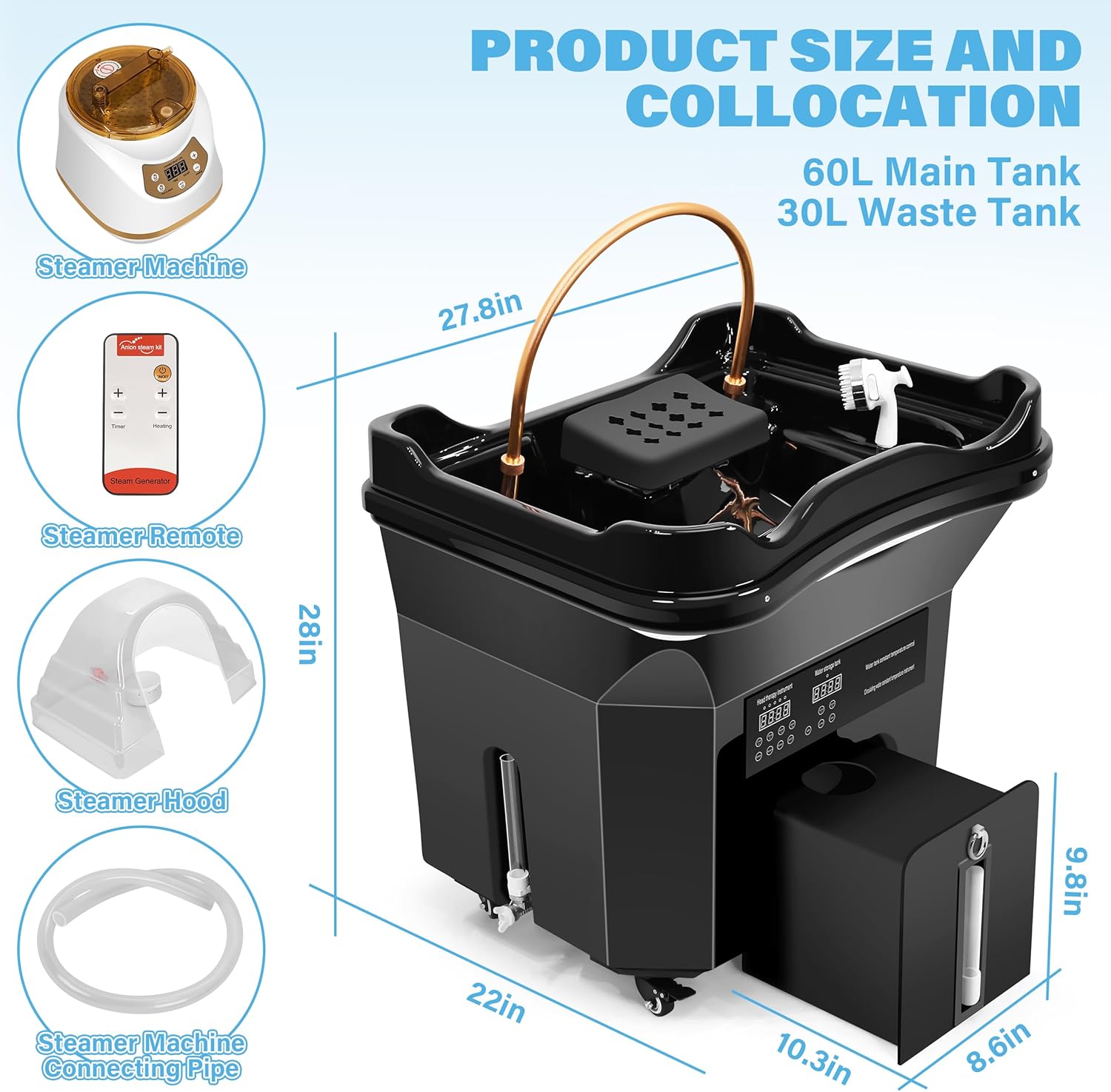 Freshlyy Head Spa Equipment with 60L Water Tank & 30L Waste Bucket, Water Circulation, Warm Steam & Portable Shampoo Basin for Salon and Home Hair Scalp Care