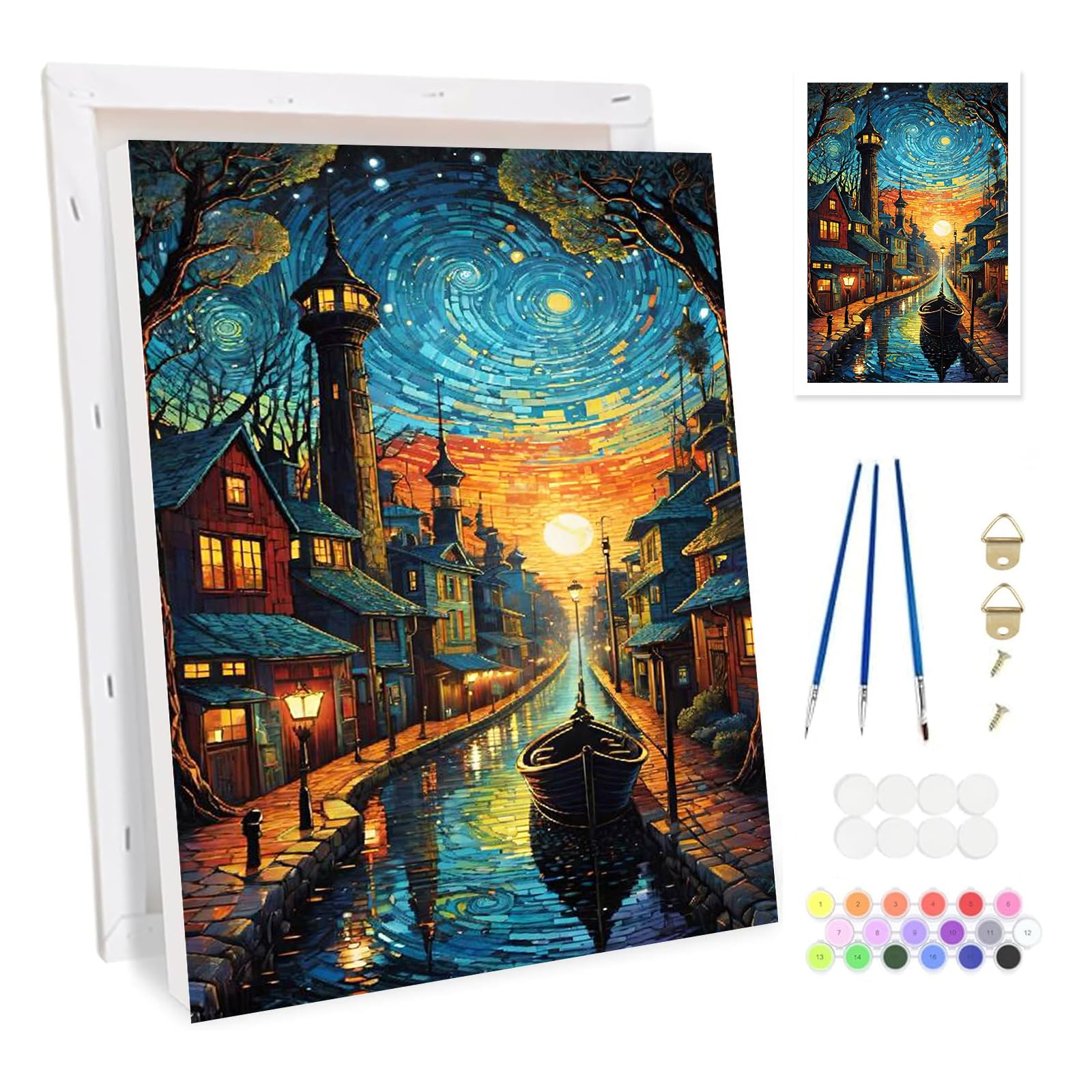 Bowetile Starry Castle Framed Paint by Numbers for Adults, Ship Boat Painting by Numbers Kit for Adults Beginners Canvas Kit, DIY Color Oil Painting Acrylic Paints Home Wall Decor 20x30cm
