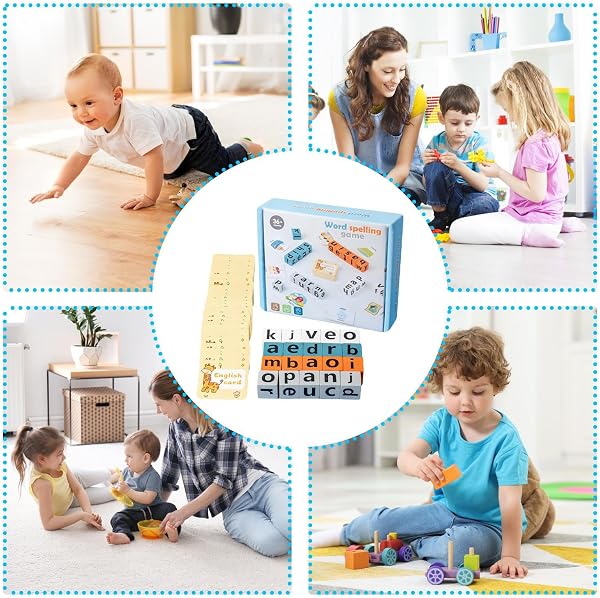 Word Spelling Games, 20 Wooden Alphabet Blocks with 54 Flash Cards, 14x12cm, Matching Letter Game for Kids, Preschool Learning Activities Toys, Educational and Engaging, for Kids - 4
