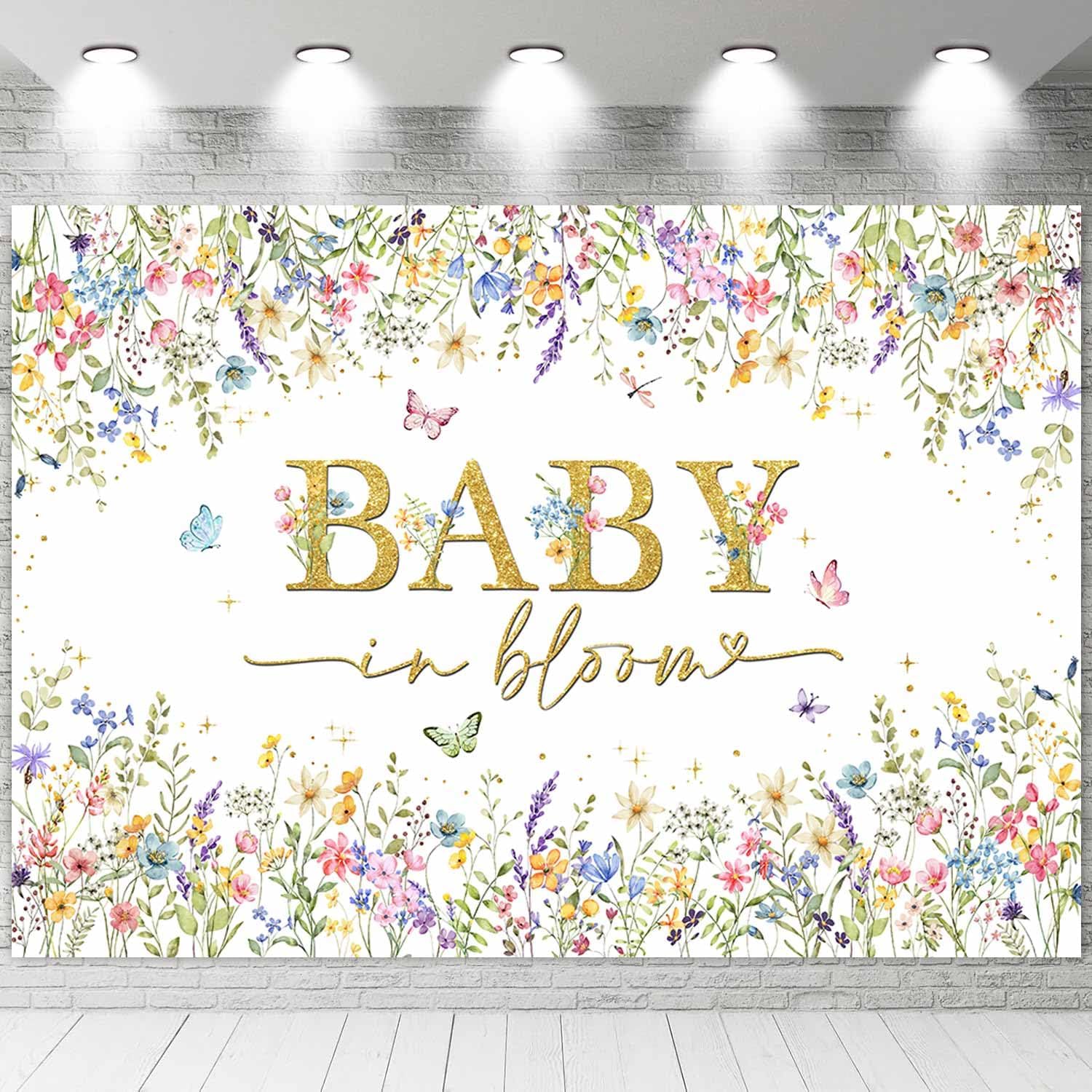 Sensfun Baby in Bloom Backdrop Wildflower Baby Shower Decorations Baby Girl's Watercolor Blossom Floral Butterfly Garden Baby Shower Photography Background Cake Table Banner Party Supplies 8x6ft
