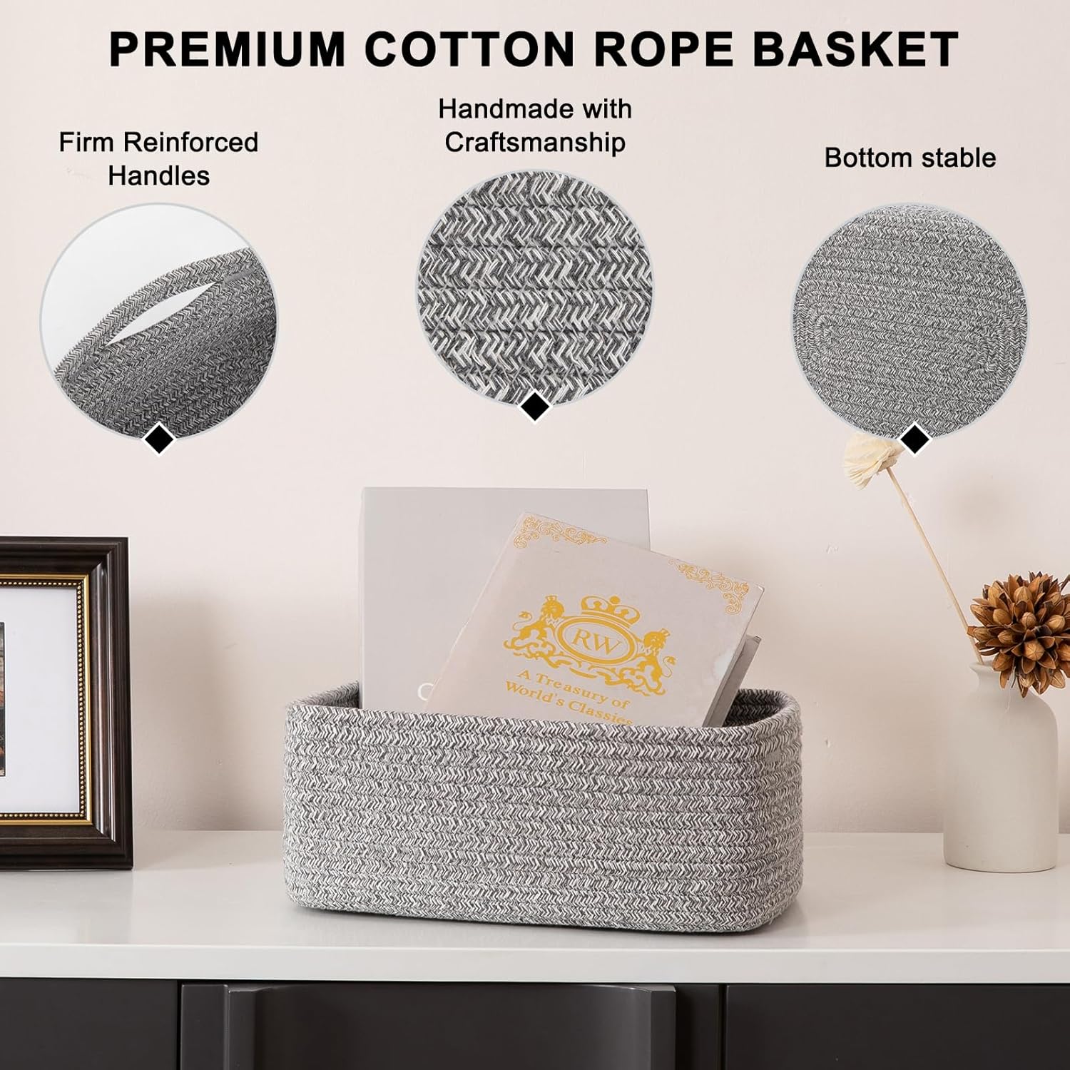 OIASKET 4 Pack Small Storage Shelf Baskets for Organizing, Mini Woven Rope Storage Bins for Towels, Cute Decorative Closet Organizer，Baby Nursery, Gift Empty Baskets -11.81''Lx7.87''Wx4.72''H-Grey