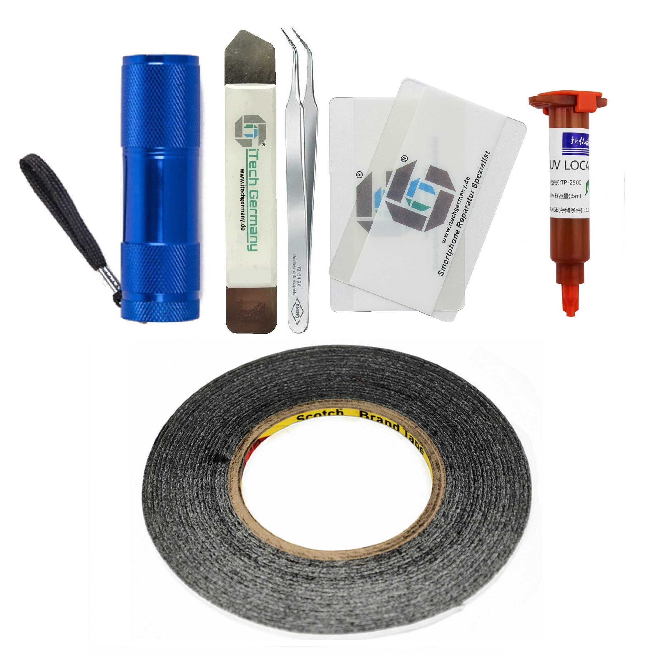 ITG® PROFI Smartphone Display Glass Gluing Set - 5ml LOCA UV Liquid Glue TP-2500 + 9 LED UV Torch + 50m Double-Sided 3M Adhesive Tape in 2mm Width Tool Set