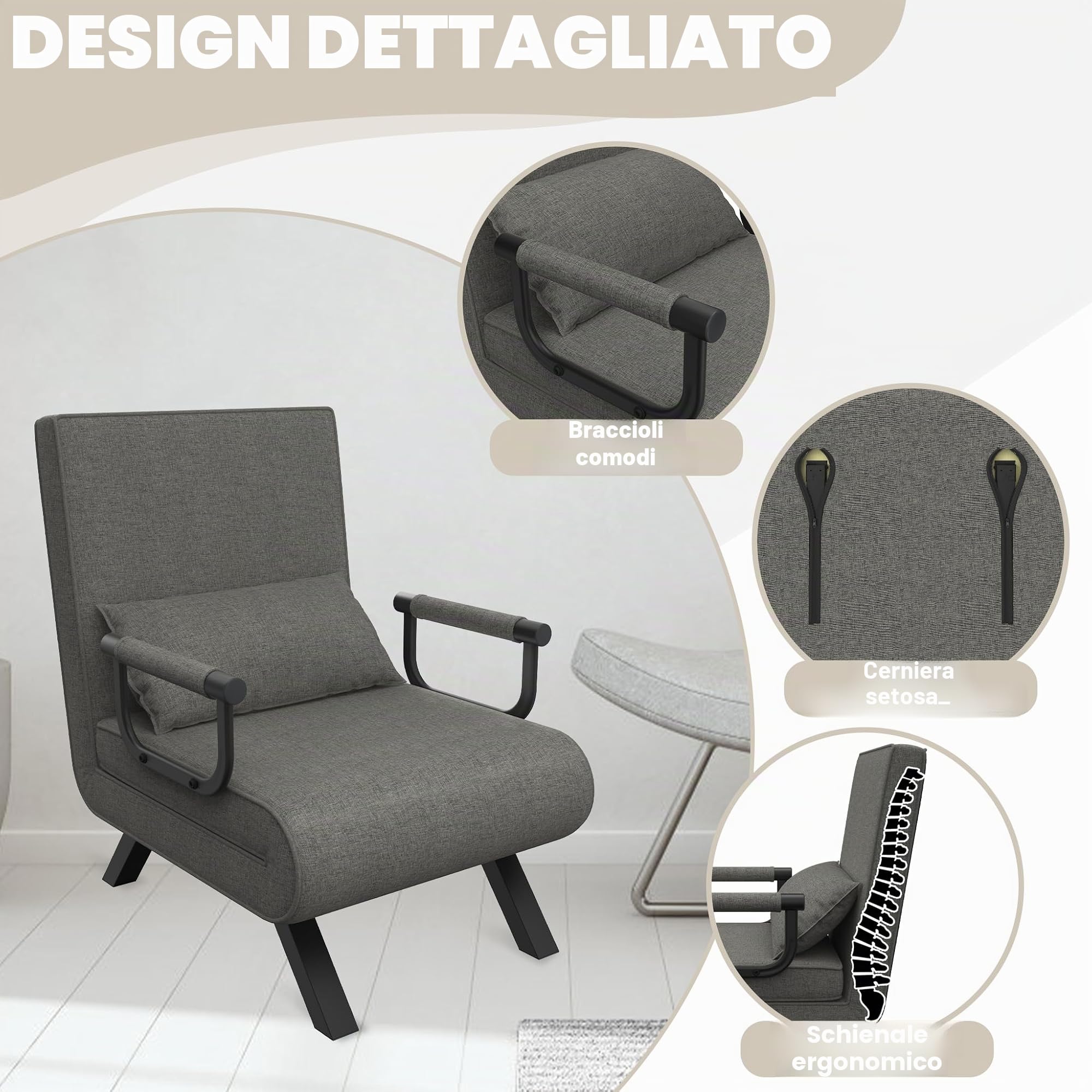 UISEBRT Divano letto 3 in 1, grigio scuro, letto per gli ospiti, pieghevole, con funzione letto, per soggiorno, camera da letto, balcone, portata fino a 150 kg