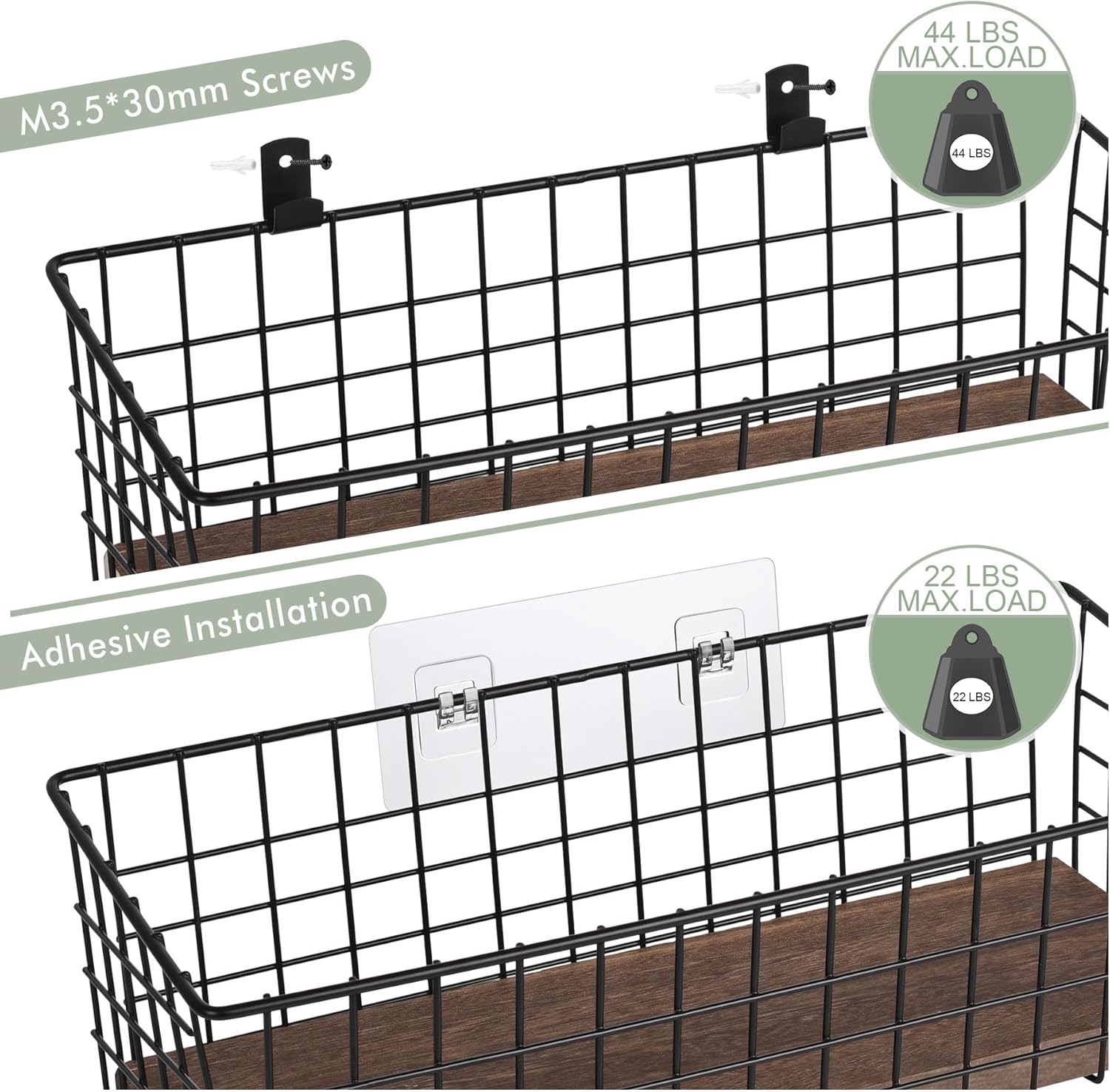 Wall Hanging Baskets 3 Pack, Diversified Wire Basket Shelves of Wooden Style, with Wall Mounted Hooks & Traceless Stickers, for Kitchen Coffee Bar Office Room Garage Storage Organization (Extra Large)