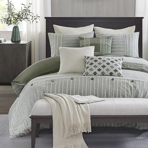 Madison Park Comforter Set Cotton Clipped Jacquard, Oversized Comforters, All Season Down Alternative Overfilled King Size Comforter, Essence, Green 9 Piece