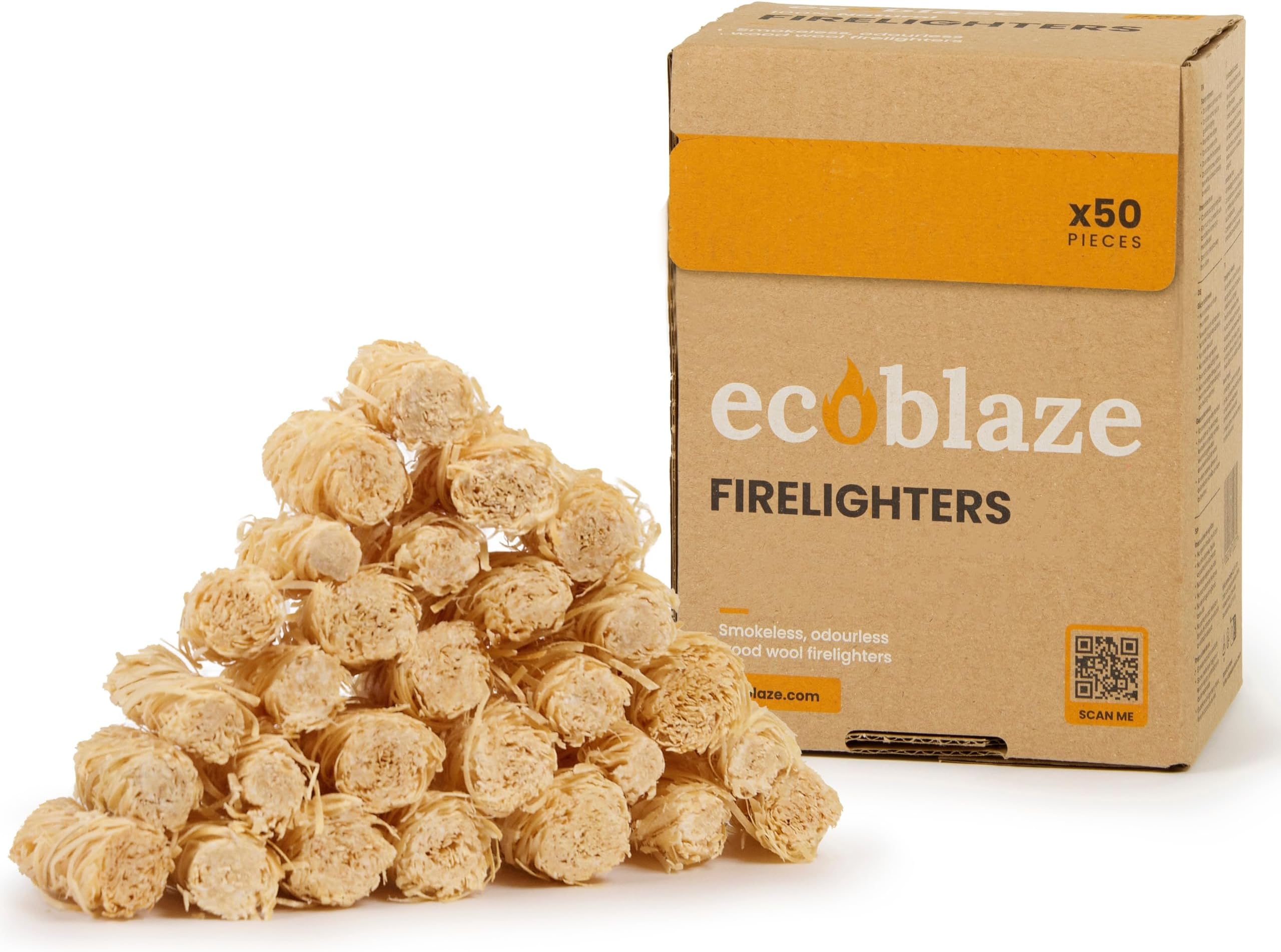 Ecoblaze Natural 50 Firelighters ​​- Fire Lighters for BBQ, Pizza Oven, Fire Pits - Wood Wool Fire Starters - Perfect for Garden Life & Camping, Safe, Clean Wax Coated Instant Firestarter