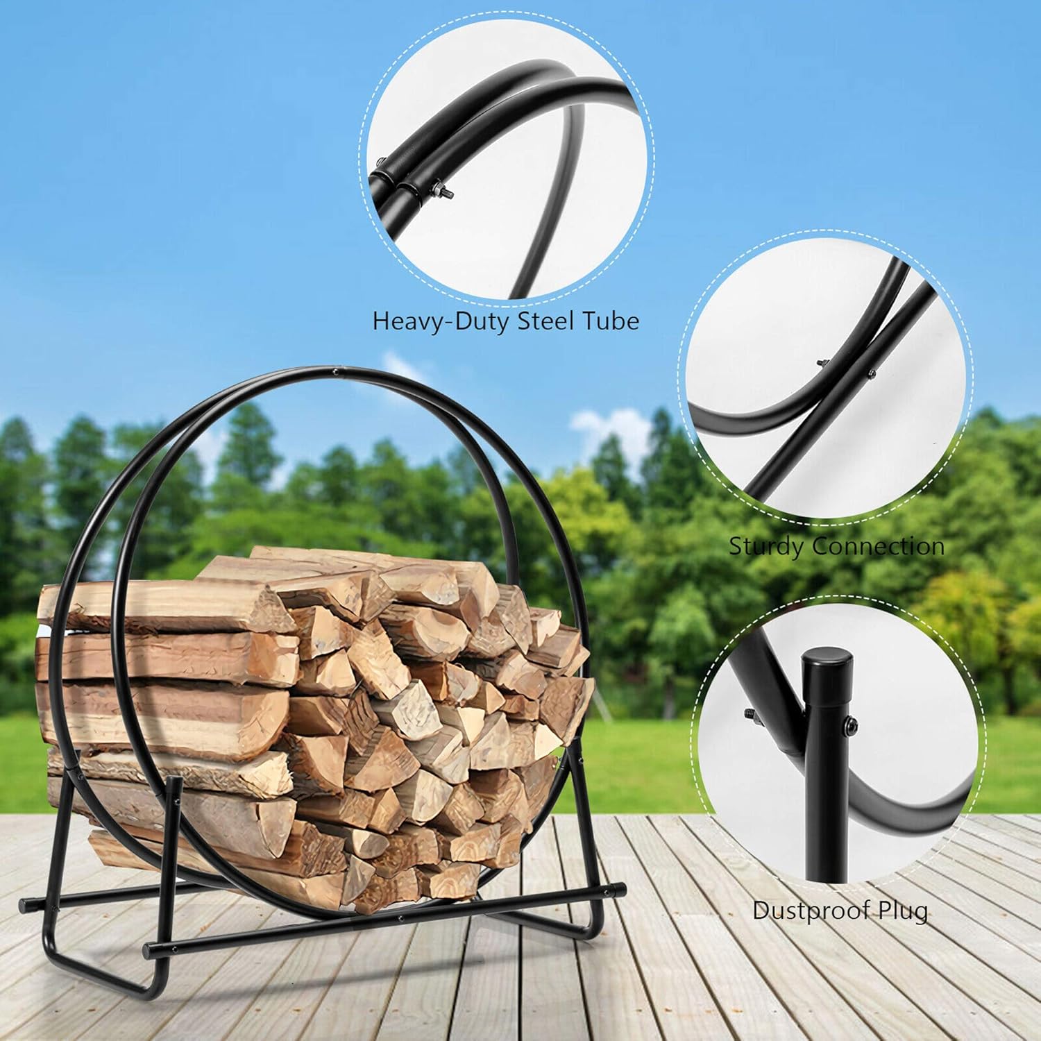DORTALA 30 Inch Firewood Log Hoop, Fireplace Wood Storage Rack, Heavy-Duty Round Steel Holder, Round Firewood Rack for & Fireplace Pit, Black