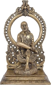 Exotic India Shirdi Sai Baba Brass Statue with Seated on Kirtimukha Throne | Sainath Idol for Puja Temple Murti, Home Decoration & Gifting Purpose