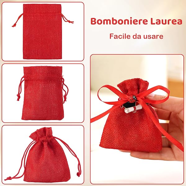 24Pz Bomboniere Laurea Portaconfetti, Rossa Sacchetti Laurea con Ciondoli Coccinella, Biglietti e Nastro per Cerimonie, Feste - 5