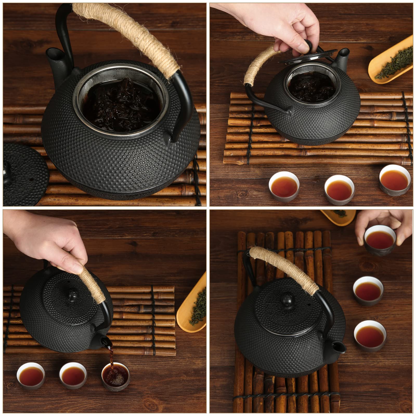 Happy Fox Tetera de hierro fundido, tetera japonesa de 900 ml con cesta de infusión, diseño de uñas, 5 tazas (negro)