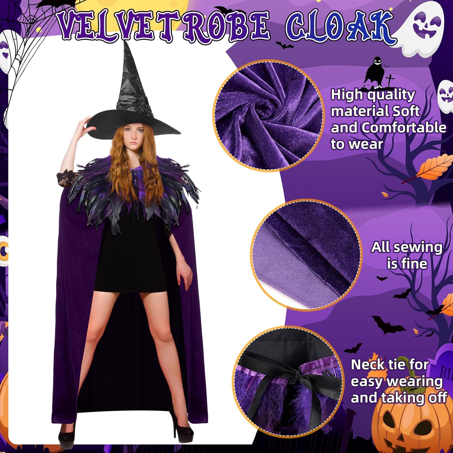 3 Pcs Halloween Velvet Adult Cape with Gothic Feather Cloak Large Ruched Witch Hat Cloak Witch Costume