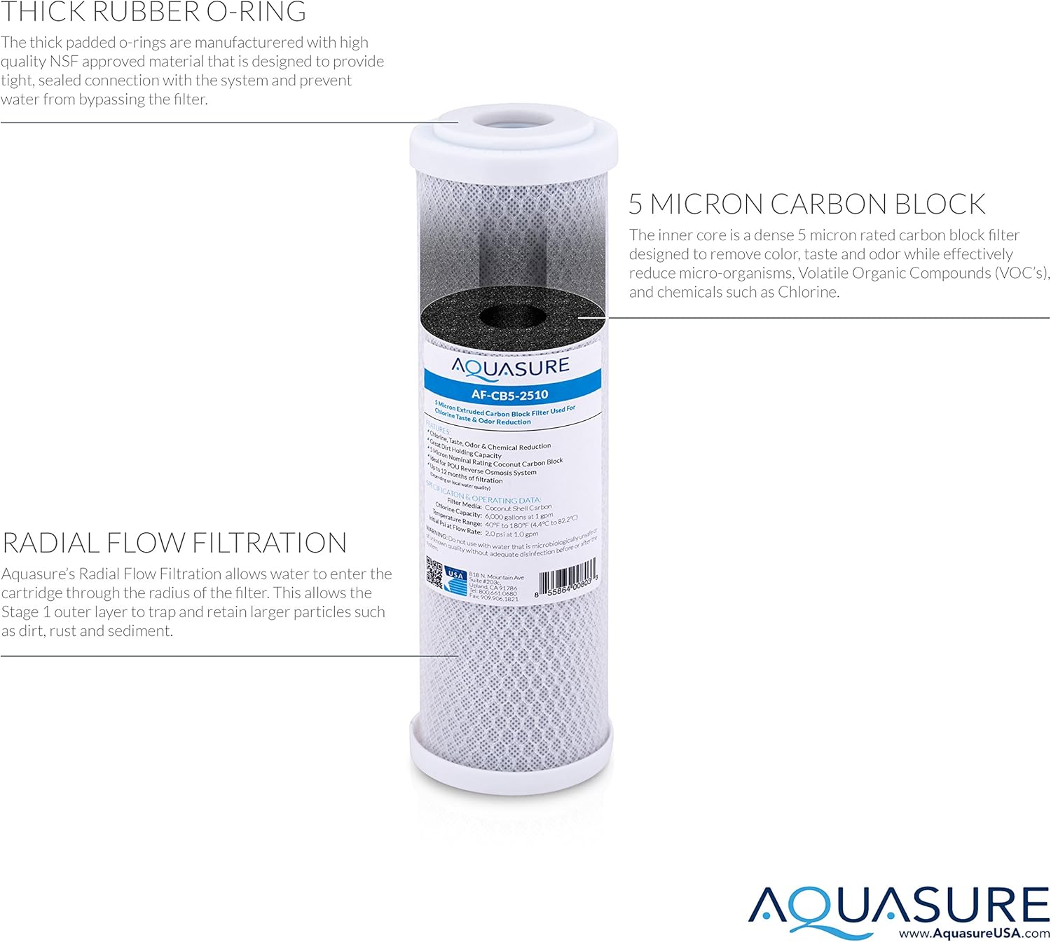 Aquasure Pioneer Series Carbon Block Water Filter - 10" x 2.5" 5 Micron Coconut Shell Carbon