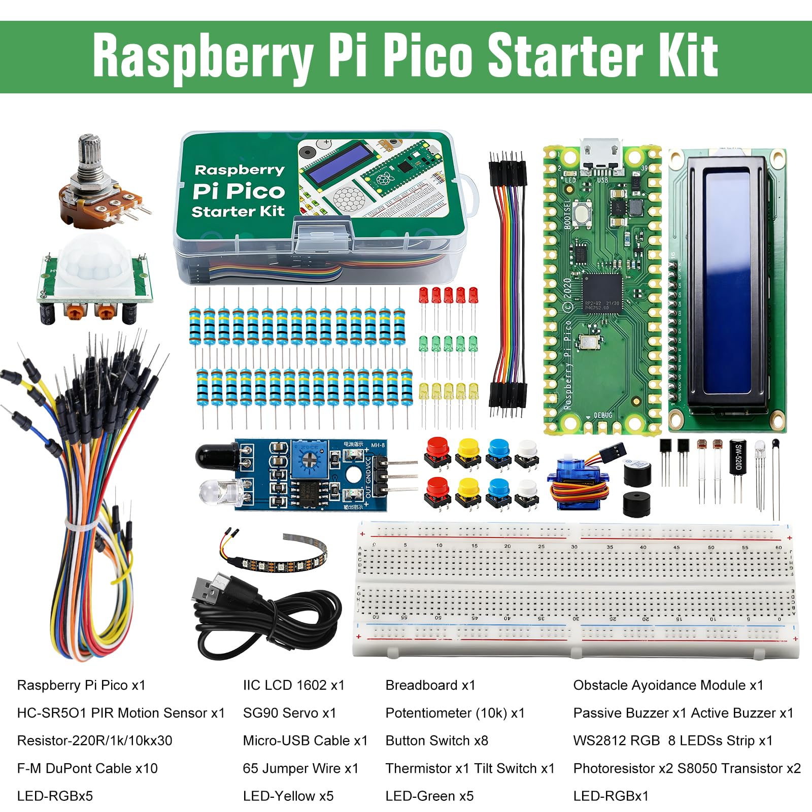 Kit de démarrage pour Raspberry Pi Pico, microcontrôleur, écran Lcd1602, interfaces Gpio, prend en charge Micropython et C/C++, kit de démarrage pour Raspberry Pi, pour électronique Diy et