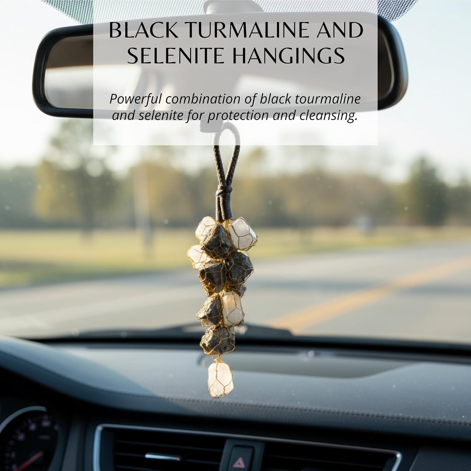 Black Tourmaline and Selenite Hanging Decor for Car Rearview Mirror, Home and Office Display image 2