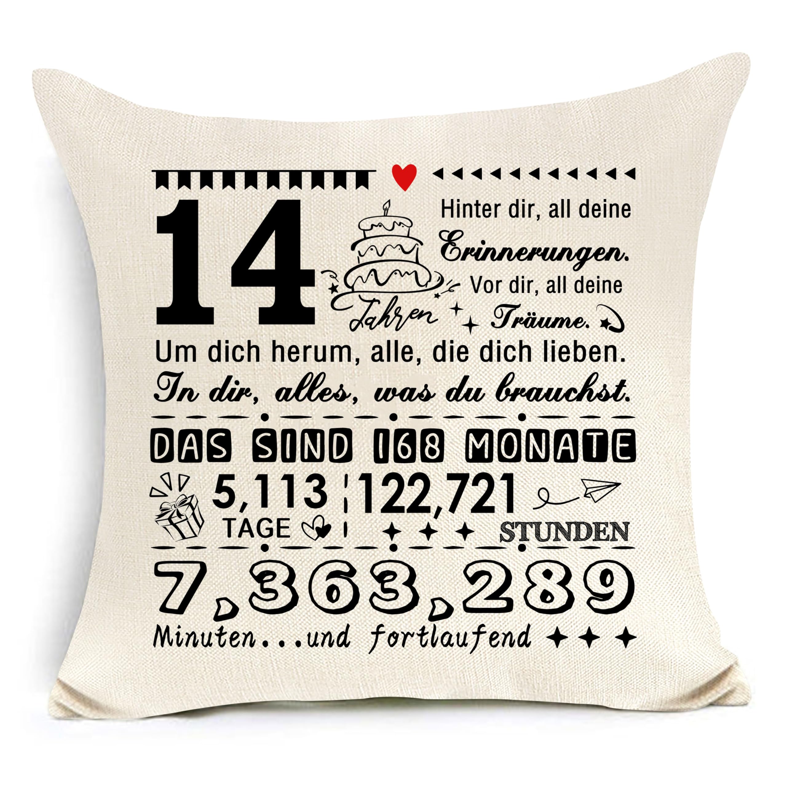 Kissenbezug zum 14. Geburtstag Geburtstagsgeschenk inspirierendes Geschenk | warm inspirierender Textdekor, ideales Erinnerungsgeschenk, individuelles Geburtstagsmuster, Standardgröße 45 x 45 cm