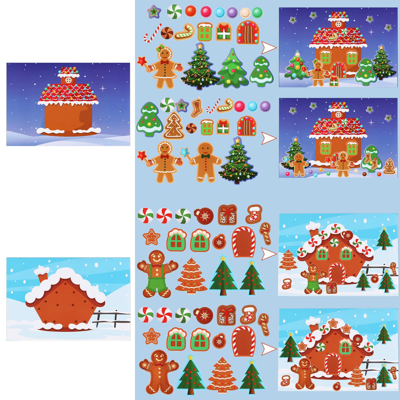 48 Blatt Make-a-Lebkuchenhaus Aufkleber für Kinder DIY Lebkuchenhaus Aufkleber Szenen und Hintergründe Lebkuchen-Aufkleber für Weihnachtsfeier Gefälligkeiten Urlaub Aktivität Handwerk Spiele Zubehör