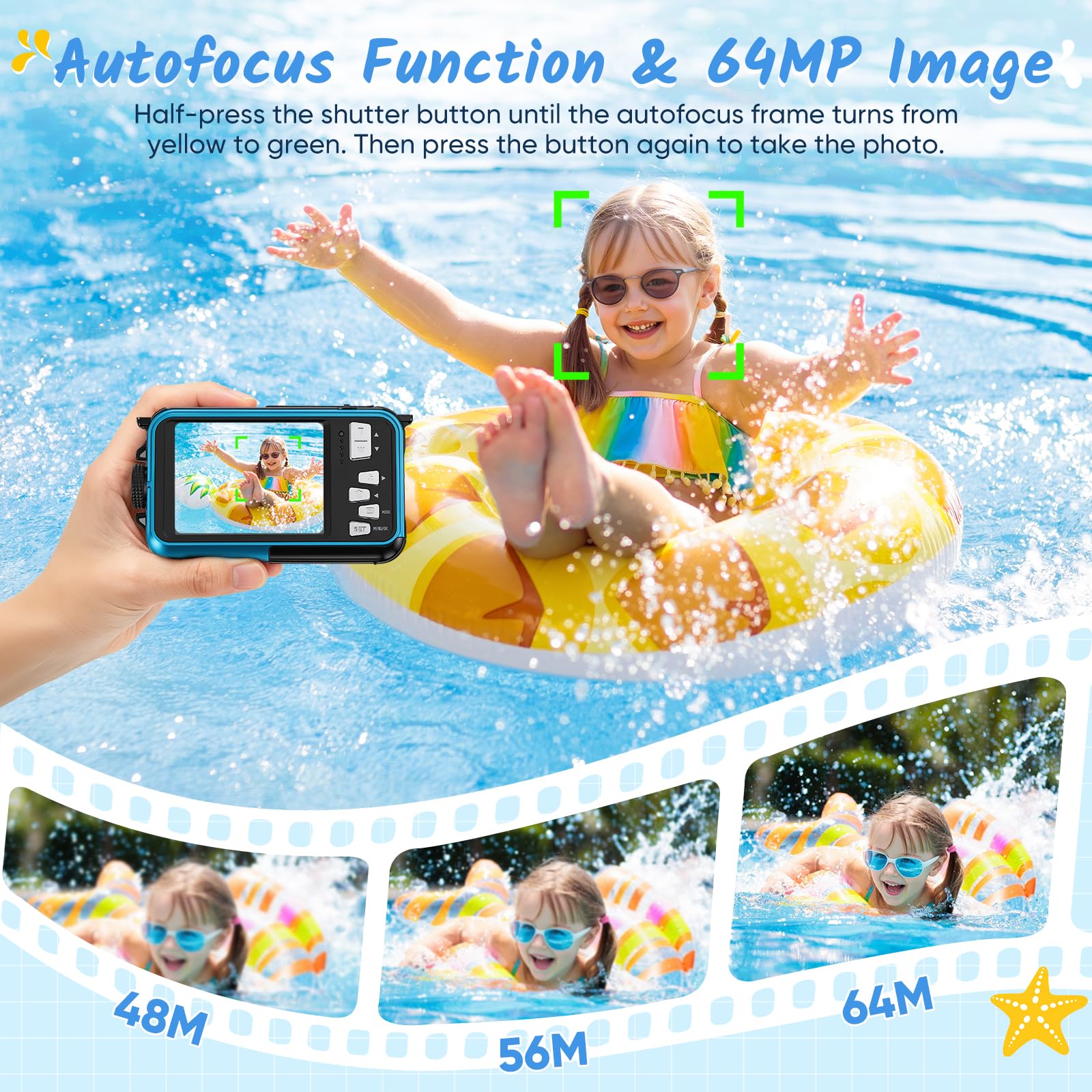 Fotocamera subacquea da 64 MP con messa a fuoco automatica e video 4K, IP68 impermeabile fino a 4,9 m, fotocamera digitale con scheda da 32 GB, doppio display, zoom 16X per snorkeling, blu