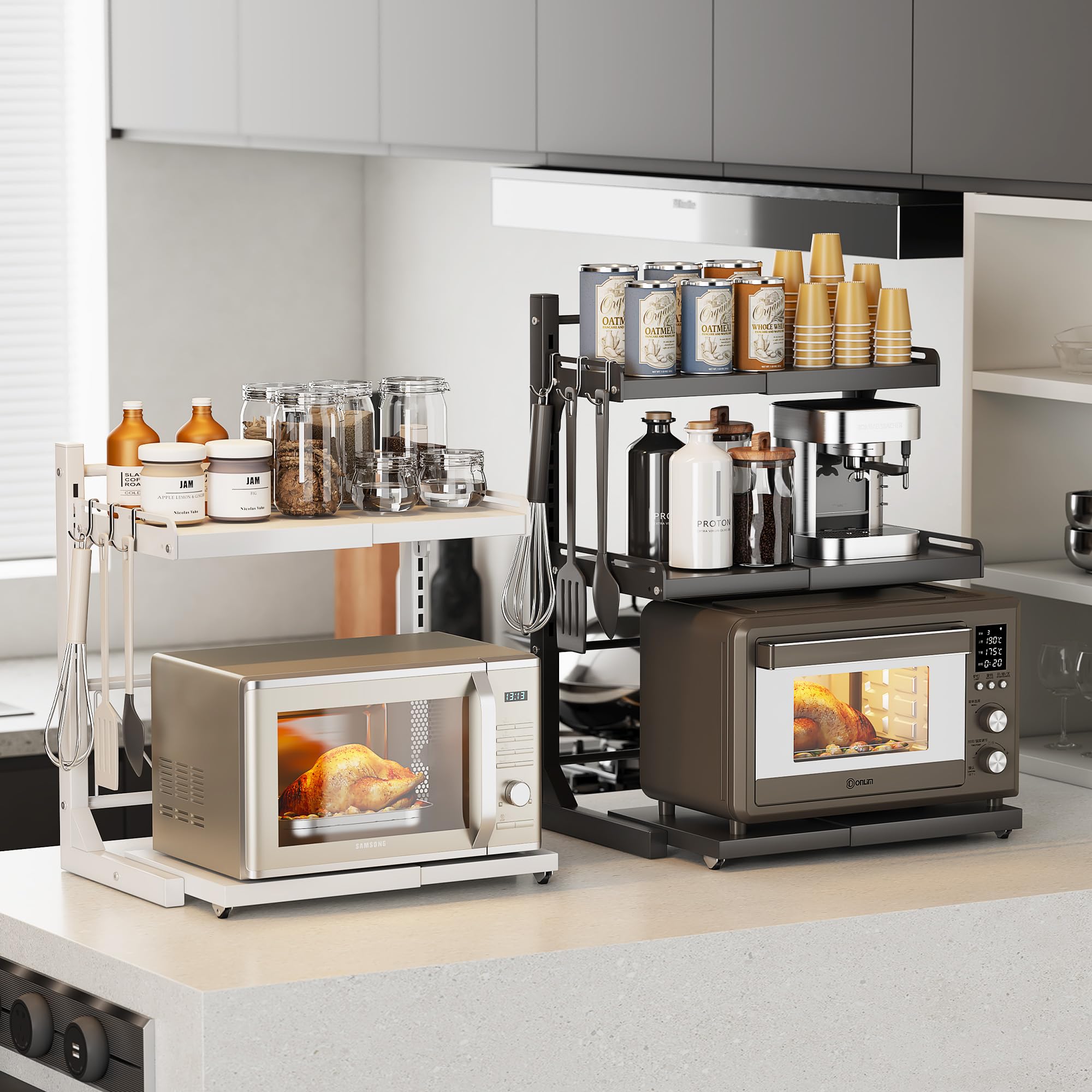 ABCOOL Rack retrattile per forno a microonde estraibile a scatto per cucina, panettiere, organizer portaoggetti 2 assiali espandibili e regolabili in altezza in acciaio al carbonio piano di lavoro con
