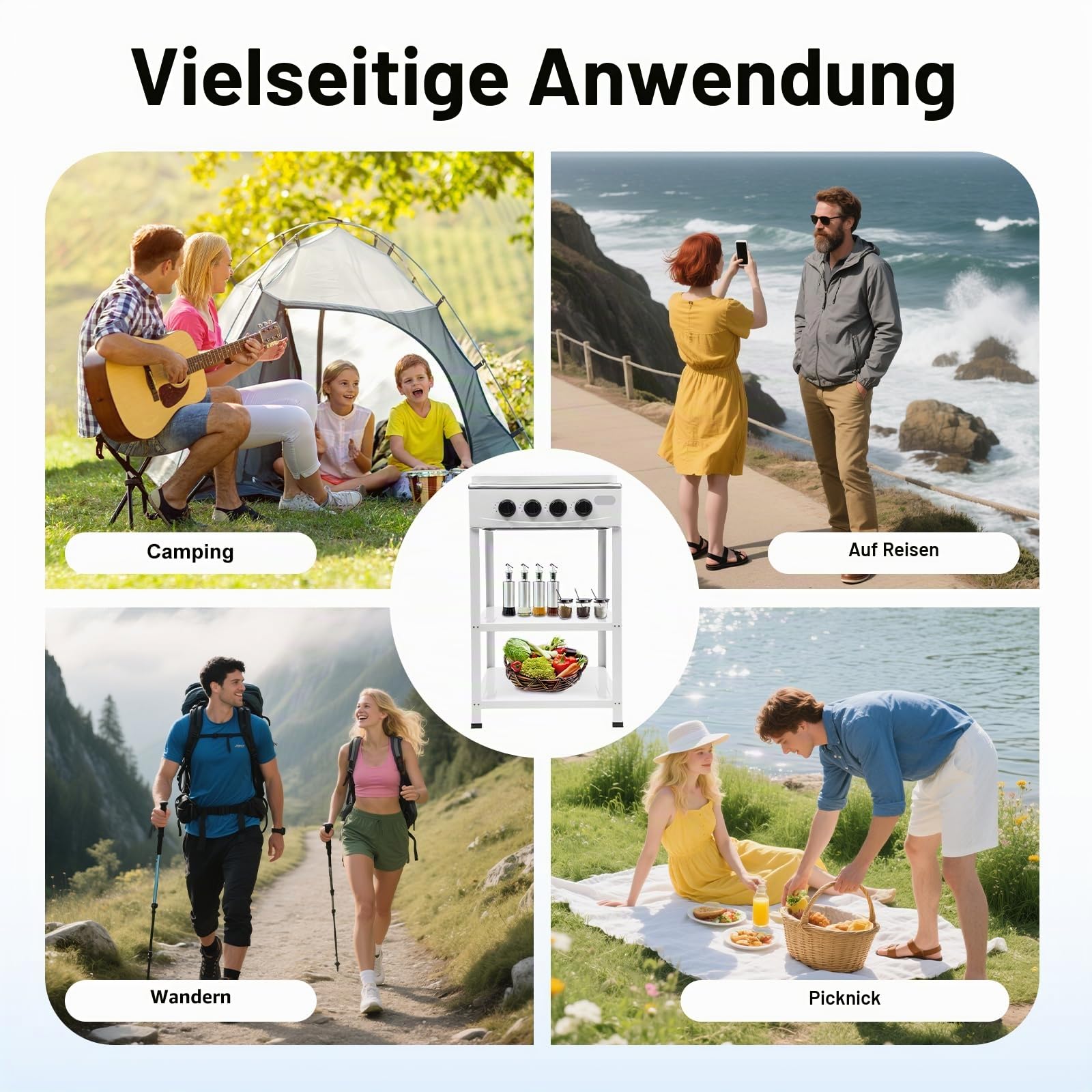 Gaskochfeld 4 Flammen, Campingkocher, Freistehender Naturgasherd mit Doppelten Ablageflächen, Camping Gaskocher mit Deckel, Tragbarer Campingofen für Camping Outdoor Wohnmobil (Weiß)