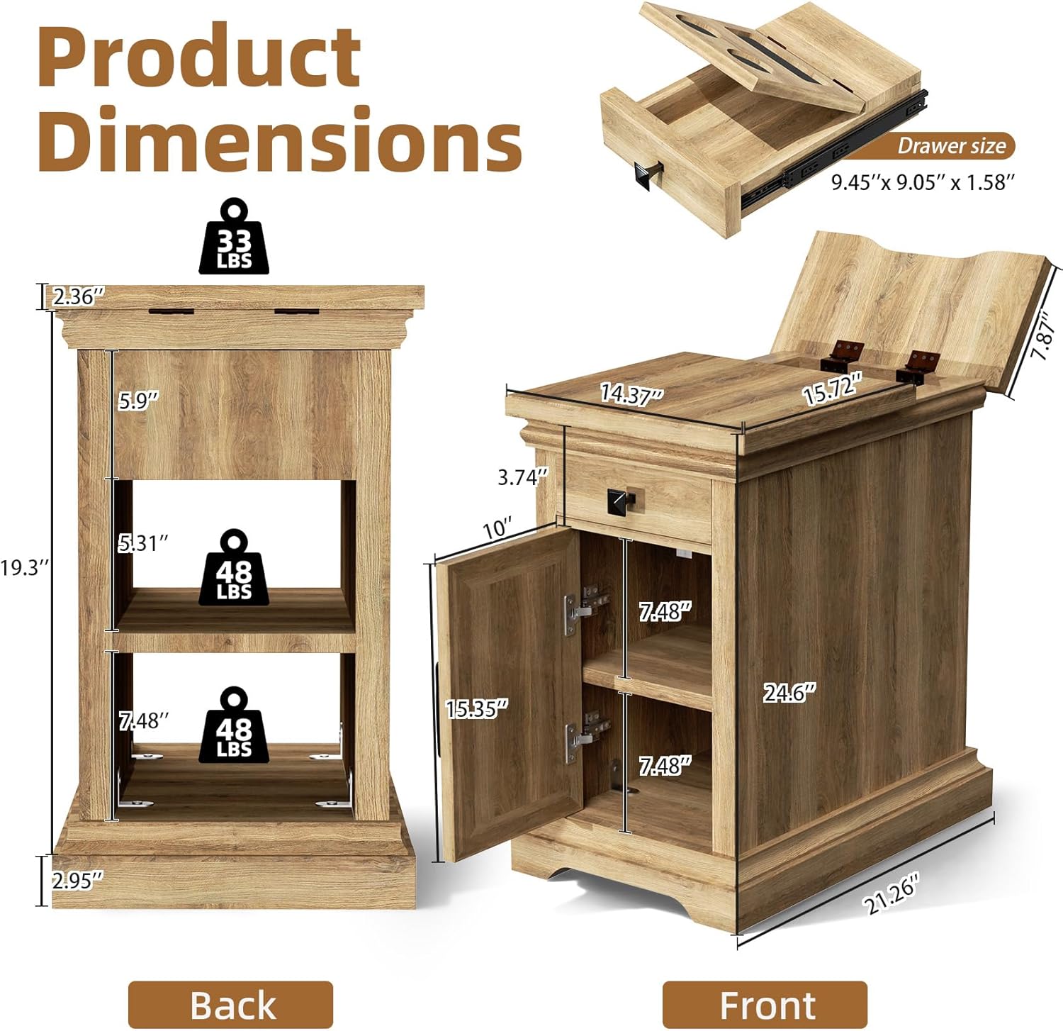 Farmhouse End Table with Charging Station, Rustic Wooden Nightstand with USB Ports and Outlets, Storage Drawer and Cabinet, Narrow Side Table for Living Room, Natural