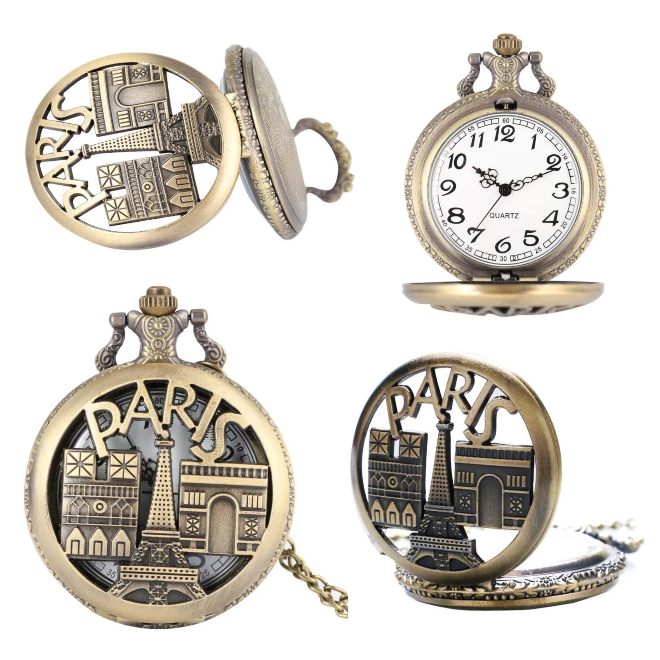 Pocket Watch Gift | Paris Tower Embossing | Numerical Dial | Metal Keychain Design | Bronze | Vintage | Antique Style Gandhi Watch for Men Woman