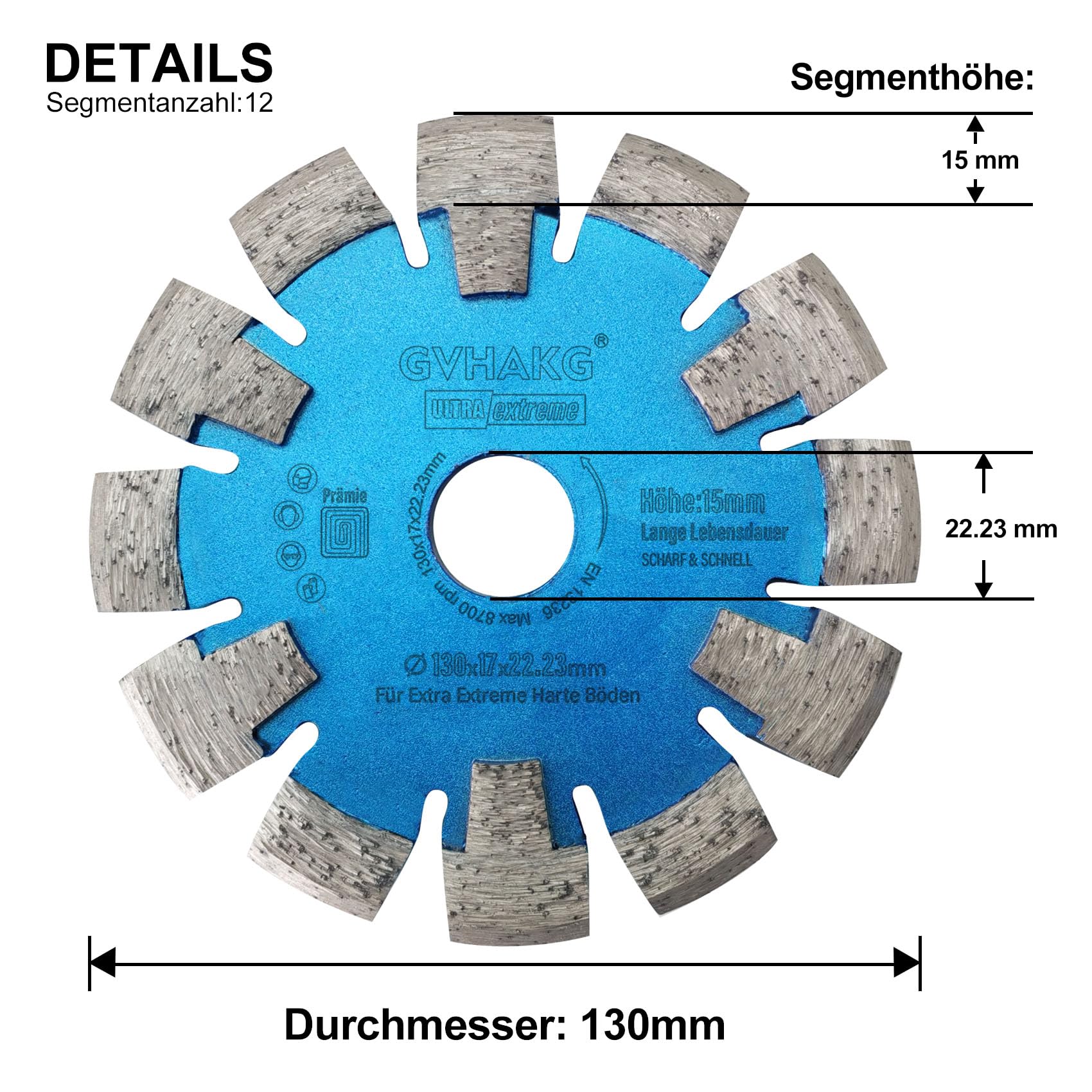 Disco de fresado de diamante de 130 mm, 17 mm para calefacción por suelo radiante, suelos de hormigón extra duros y distancia, altura de segmento de 15 mm, corte seco premium (130 x 17 x 15 x
